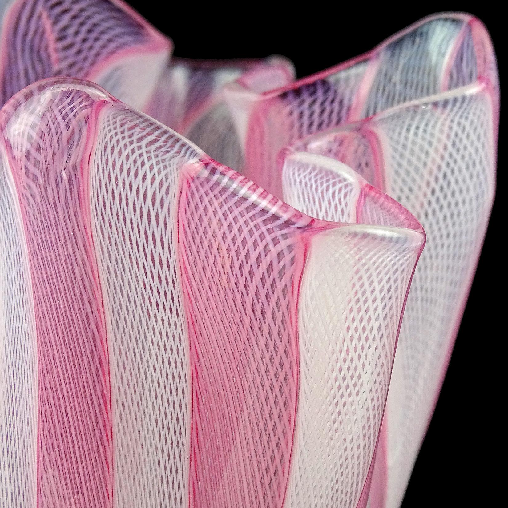 Mid-Century Modern Venini Bianconi Murano Pink White Italian Art Glass Fazzoletto Handkerchief Vase