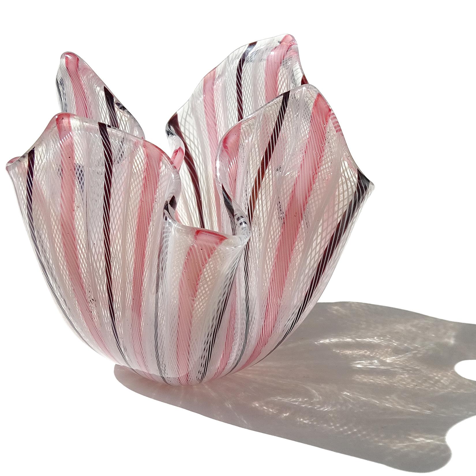 Mid-Century Modern Venini Bianconi Murano Pink White Italian Art Glass Fazzoletto Handkerchief Vase For Sale