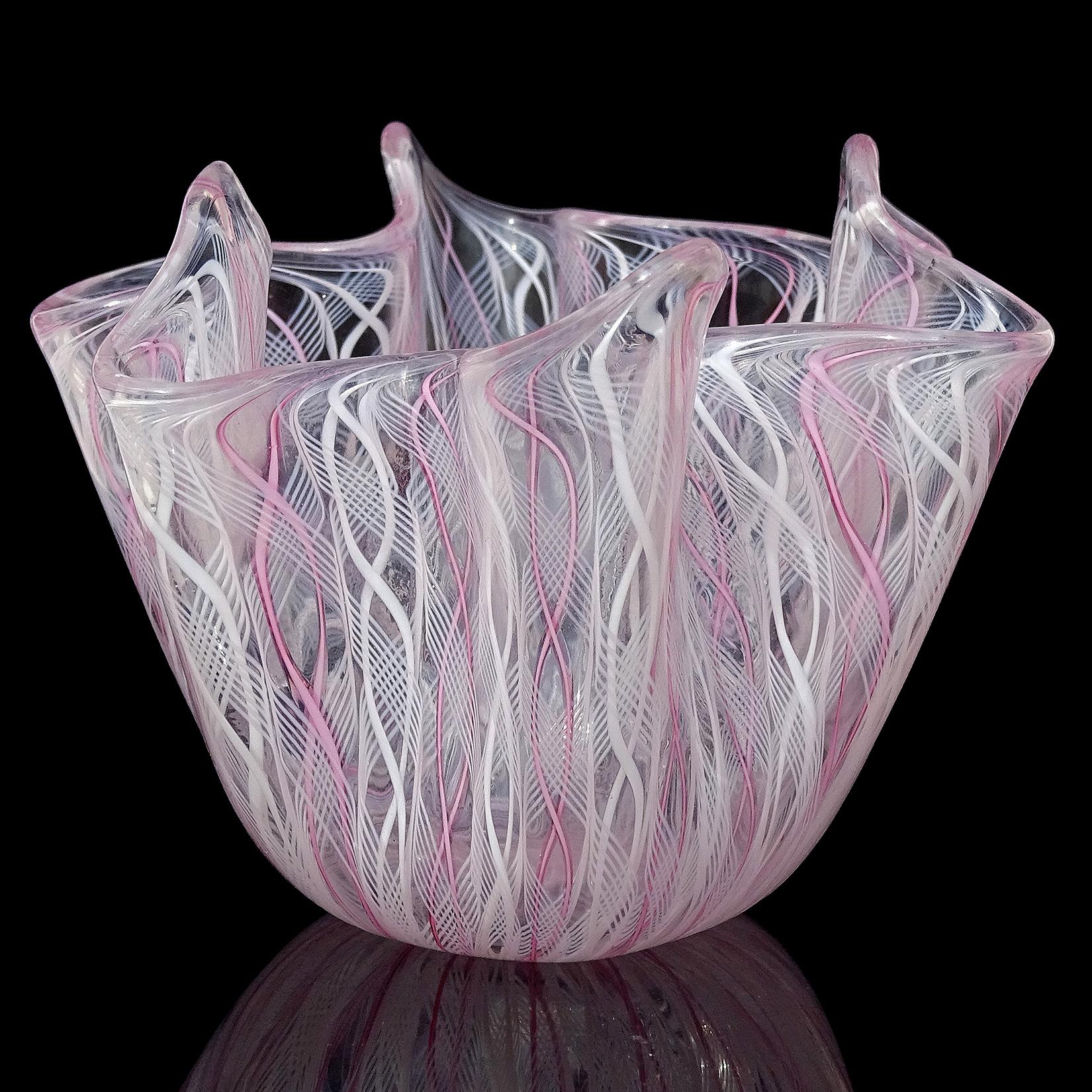 Mid-Century Modern Venini Bianconi Murano Pink White Italian Art Glass Fazzoletto Handkerchief Vase