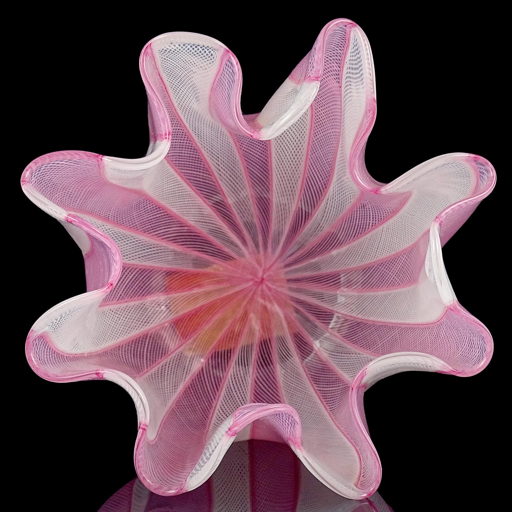 Hand-Crafted Venini Bianconi Murano Pink White Italian Art Glass Fazzoletto Handkerchief Vase