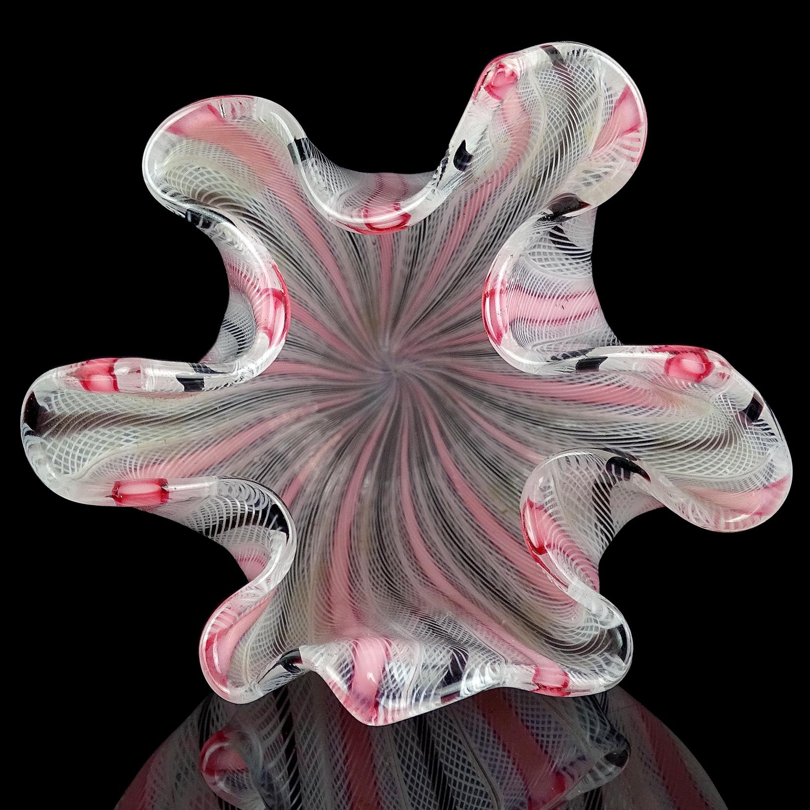 Hand-Crafted Venini Bianconi Murano Pink White Italian Art Glass Fazzoletto Handkerchief Vase For Sale