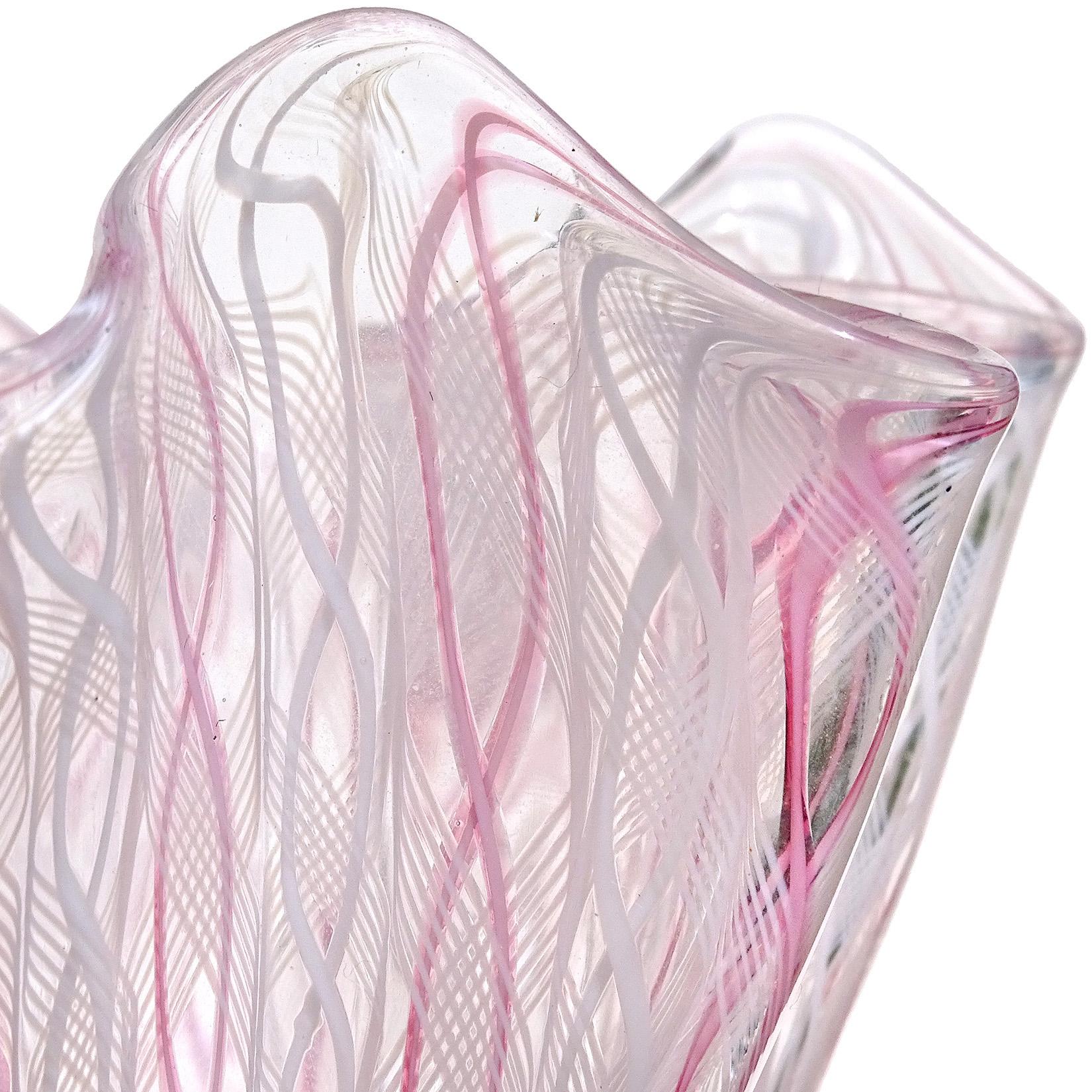 Hand-Crafted Venini Bianconi Murano Pink White Italian Art Glass Fazzoletto Handkerchief Vase