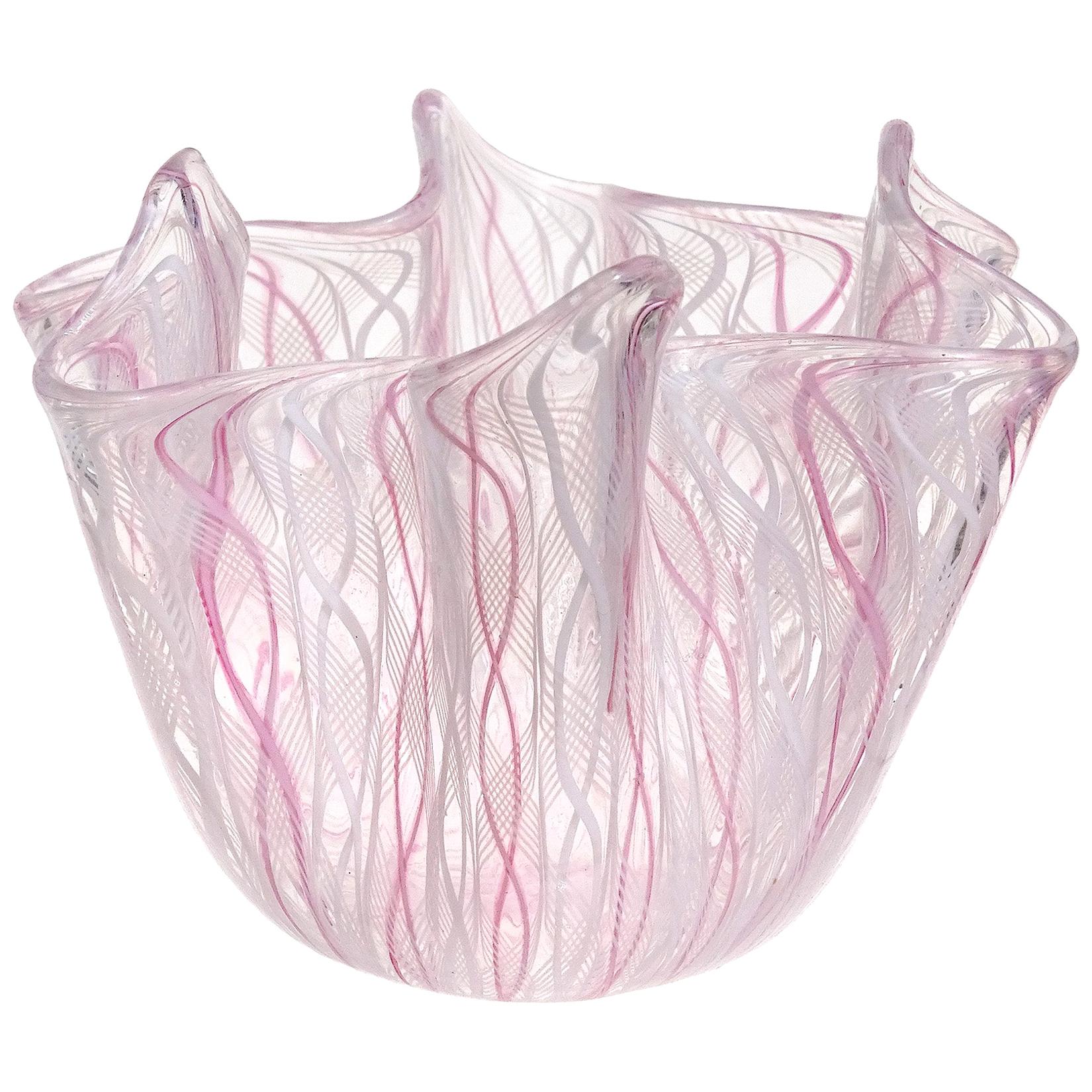 Venini Bianconi Murano Pink White Italian Art Glass Fazzoletto Handkerchief Vase