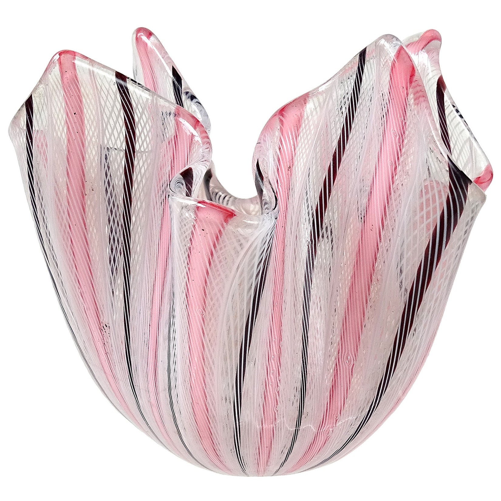 Venini Bianconi Murano Pink White Italian Art Glass Fazzoletto Handkerchief Vase