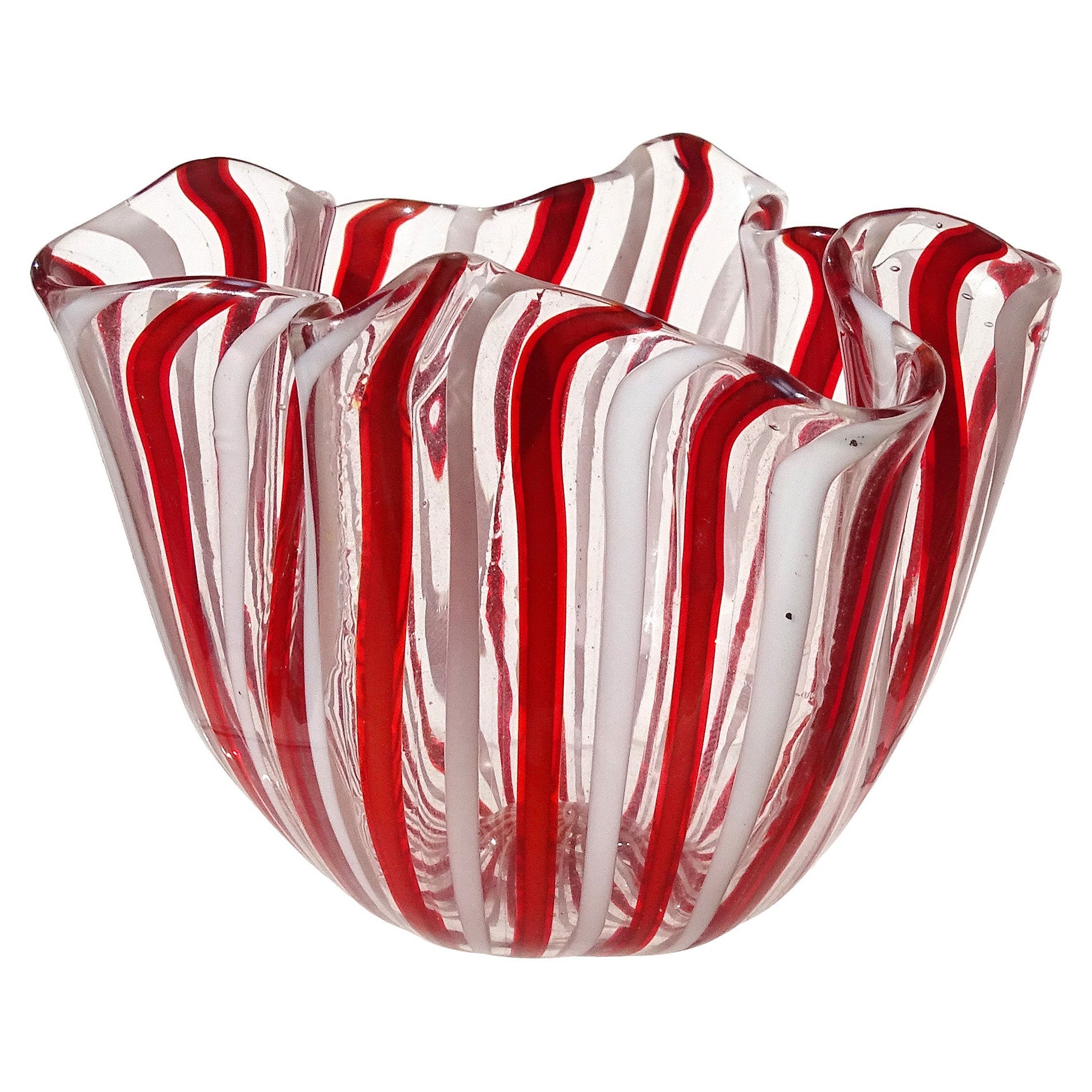 Venini Bianconi Murano Rosso Bianco Nastri Vaso Fazzoletto in vetro artistico italiano