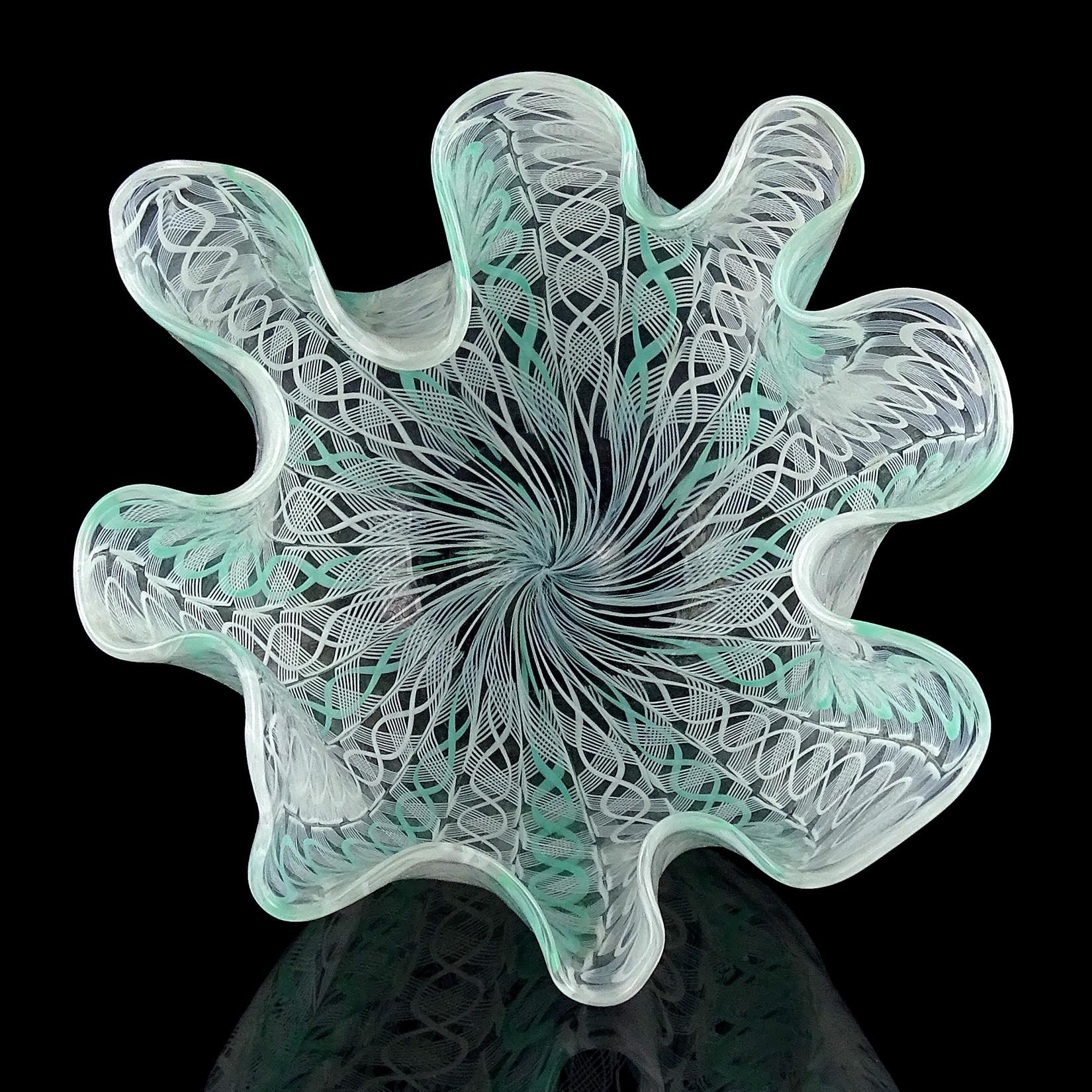 Mid-Century Modern Venini Bianconi Murano Teal White Italian Art Glass Fazzoletto Handkerchief Vase
