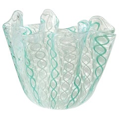 Venini Bianconi Murano Teal White Italian Art Glass Fazzoletto Handkerchief Vase