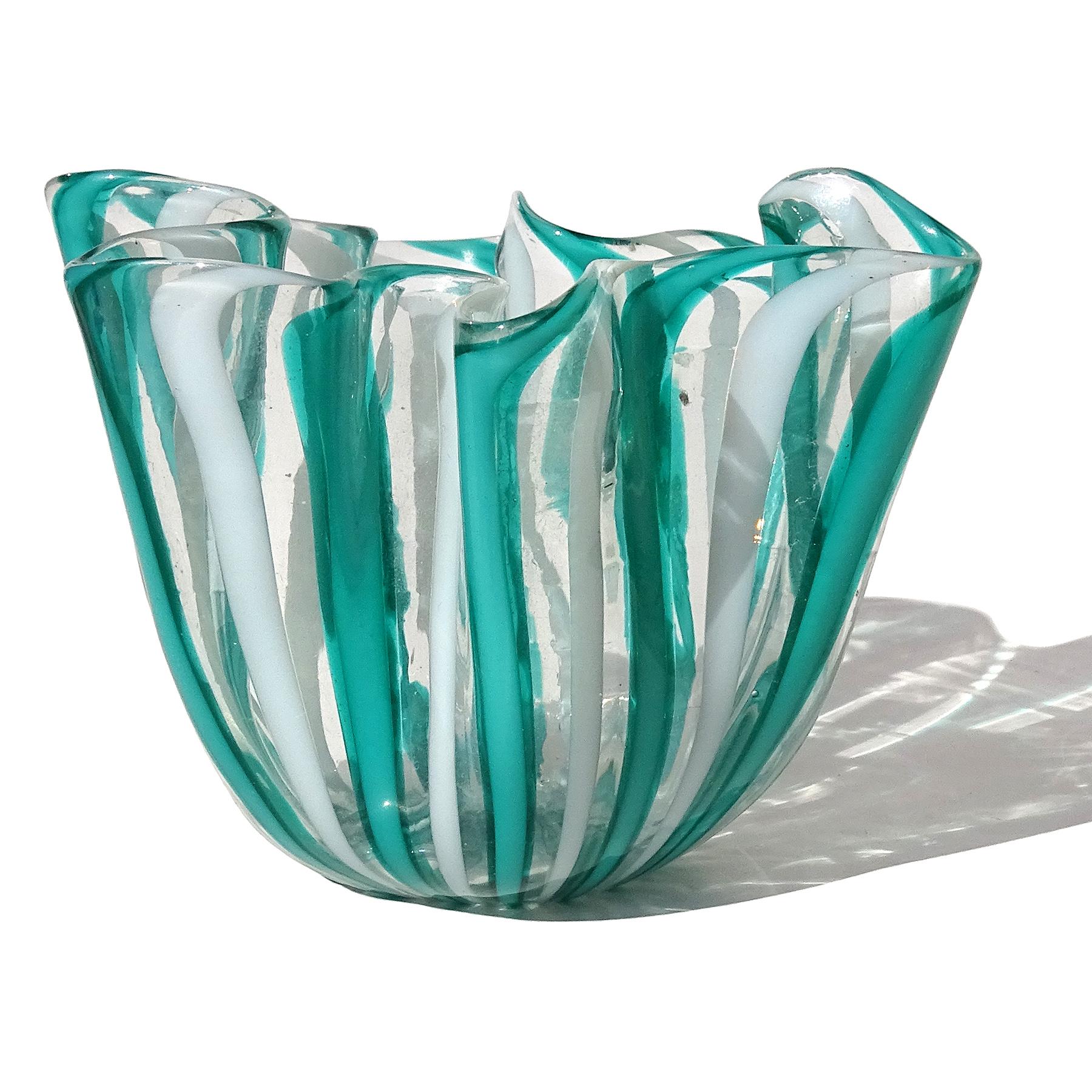 Mid-Century Modern Venini Bianconi Murano Teal White Ribbons Italian Art Glass Fazzoletto Vase For Sale