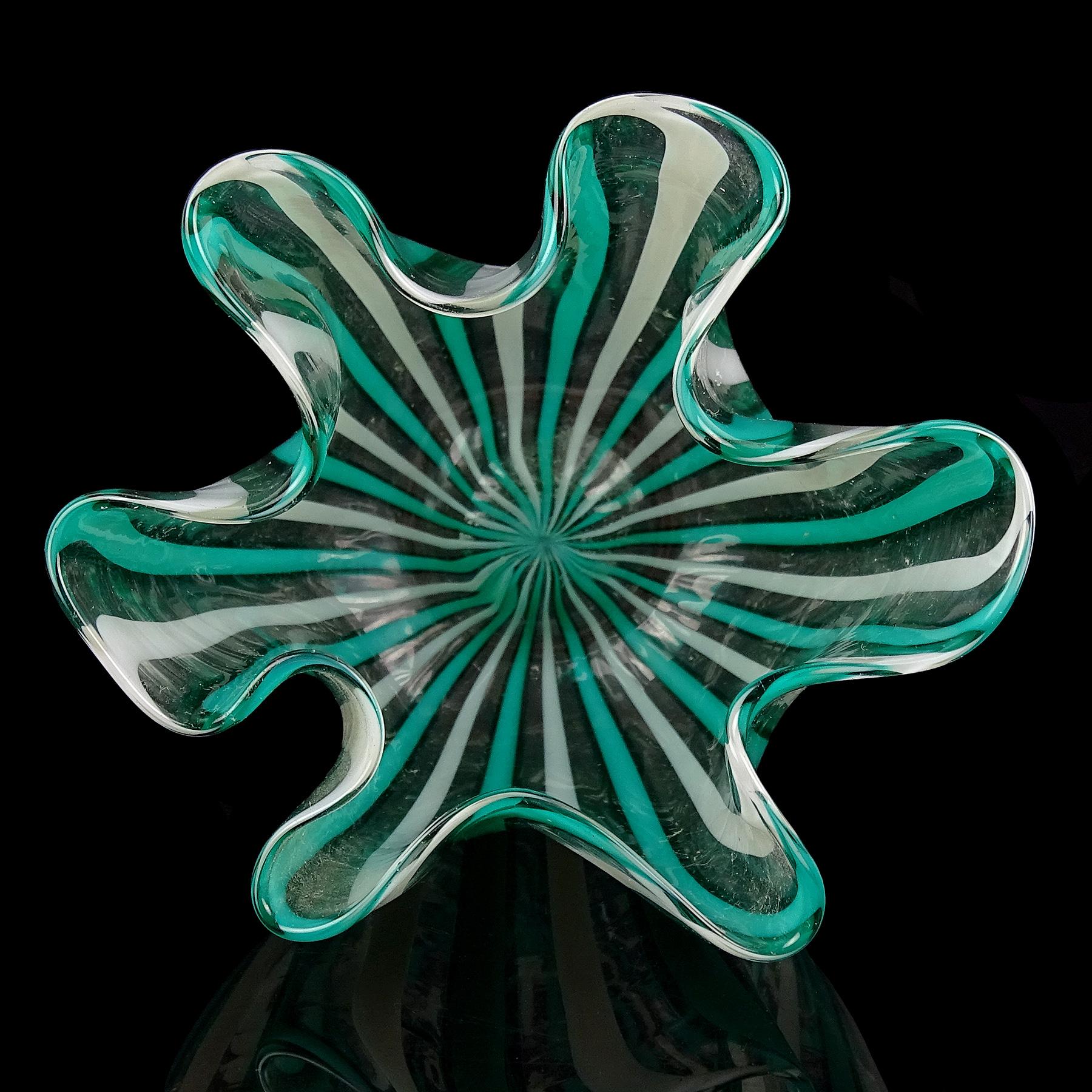 20th Century Venini Bianconi Murano Teal White Ribbons Italian Art Glass Fazzoletto Vase For Sale