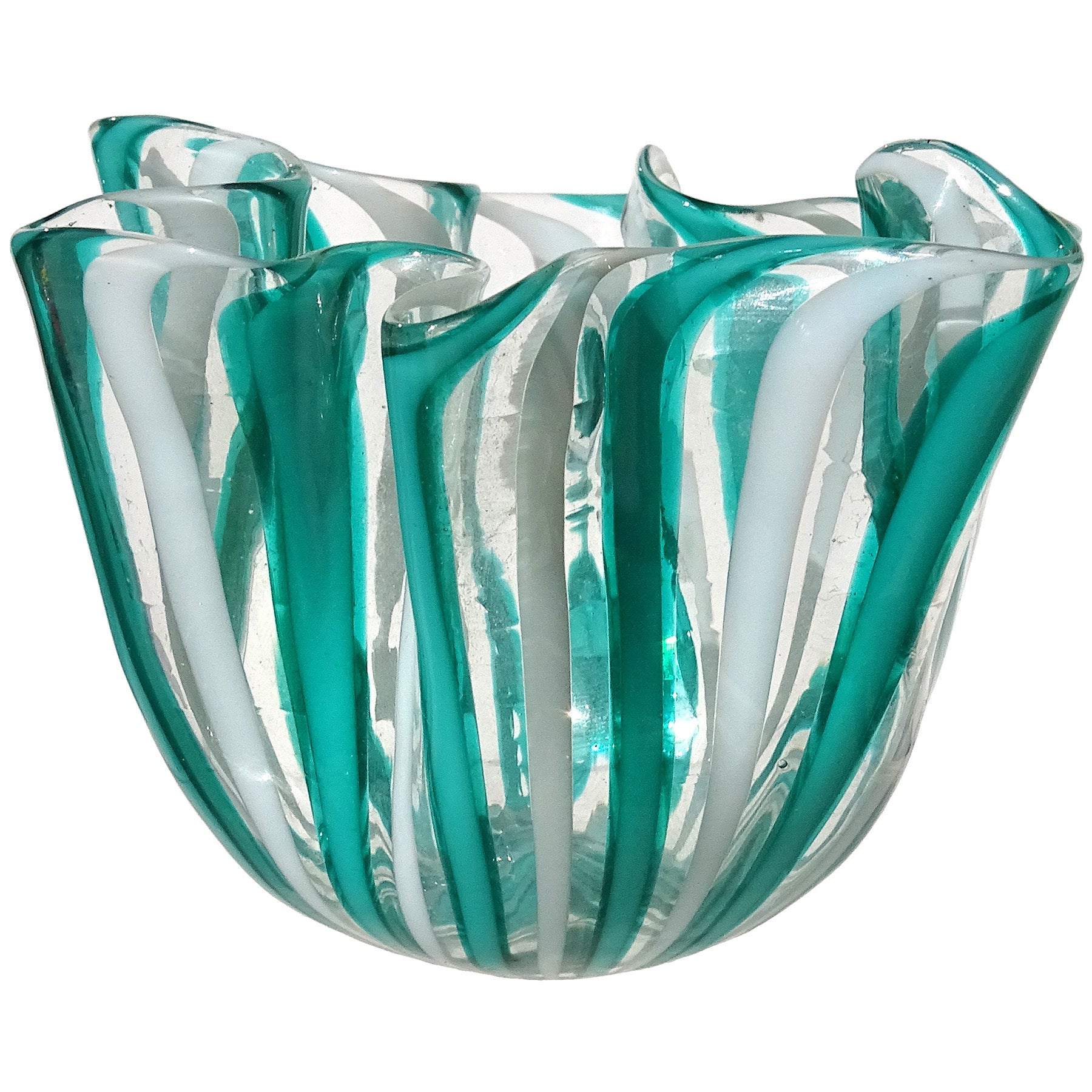 Venini Bianconi Murano Teal White Ribbons Italian Art Glass Fazzoletto Vase For Sale