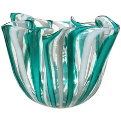 Venini Bianconi Murano Teal White Ribbons Italian Art Glass Fazzoletto Vase