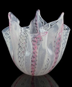 Venini Bianconi Murano White Pink Zanfirico Italian Art Glass Fazzoletto Vase