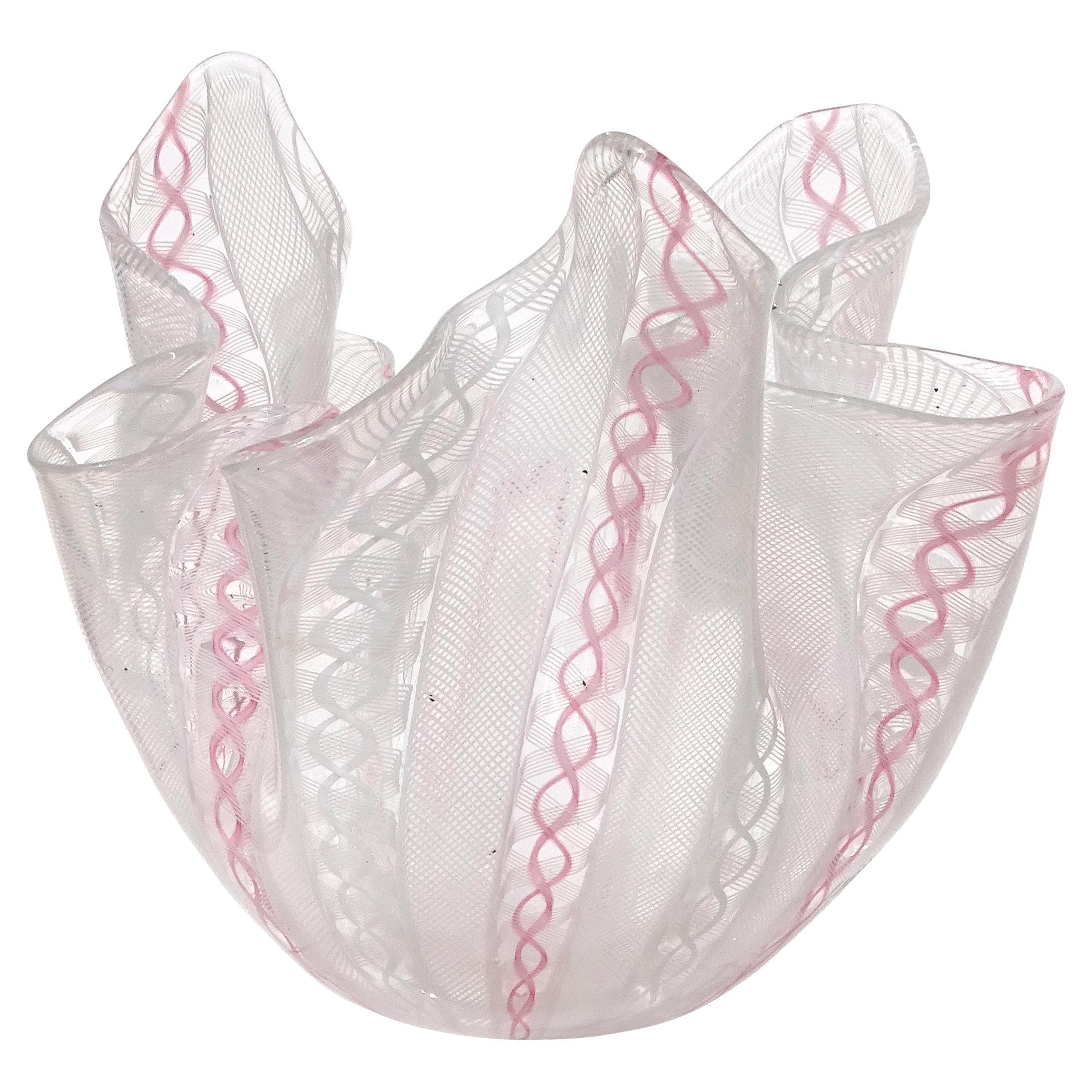Venini Bianconi Murano White Pink Zanfirico Italian Art Glass Fazzoletto Vase