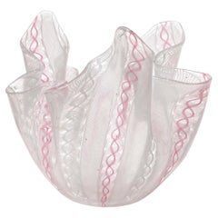 Venini Bianconi Murano White Pink Zanfirico Italian Art Glass Fazzoletto Vase