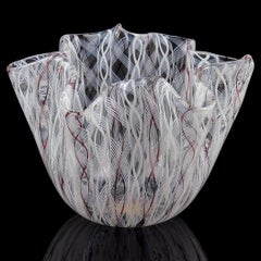 Jarrón Fazzoletto Venini Bianconi Murano Blanco Púrpura Zanfirico Vidrio Artístico Italiano