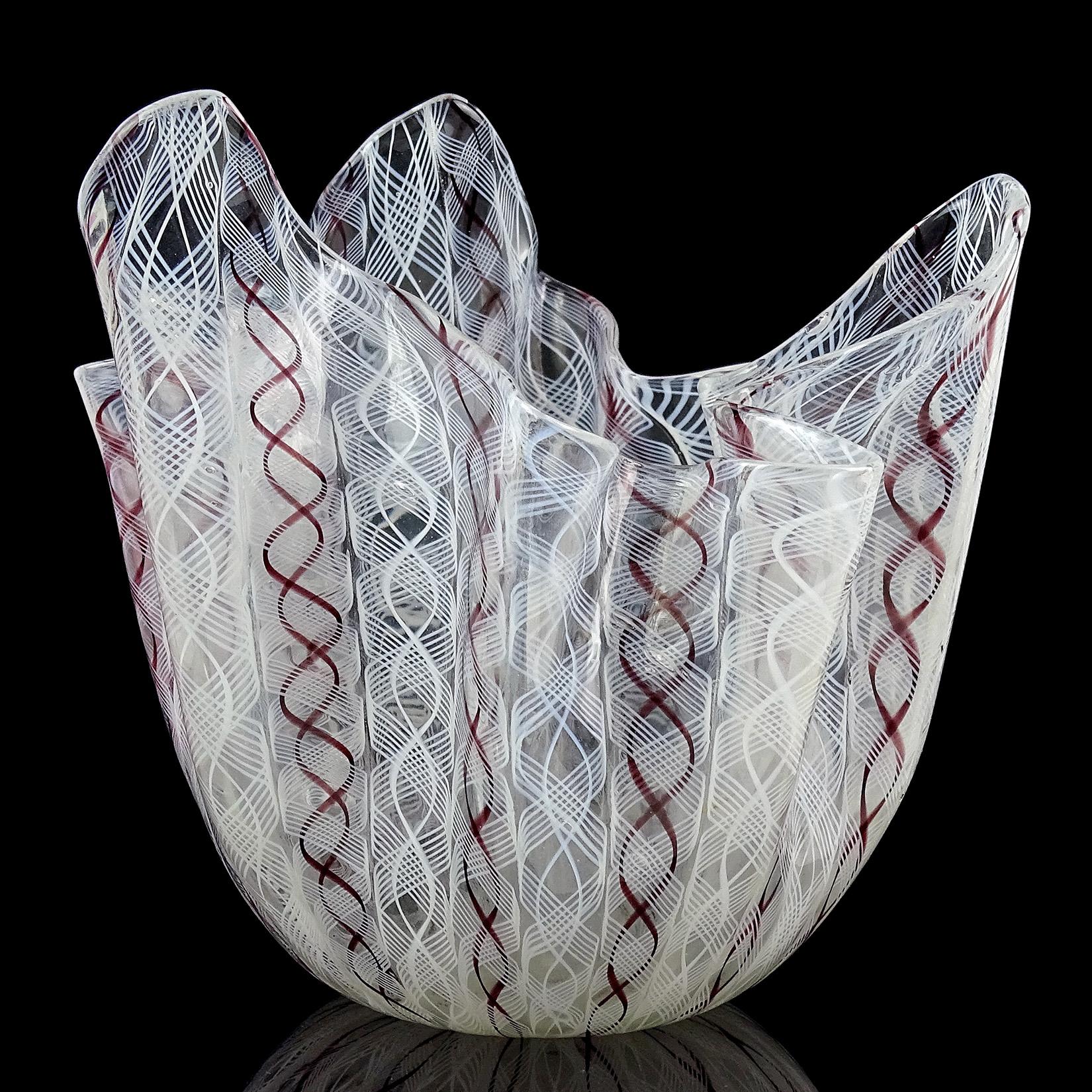 Hand-Crafted Venini Bianconi Murano White Purple Zanfirico Italian Art Glass Fazzoletto Vase