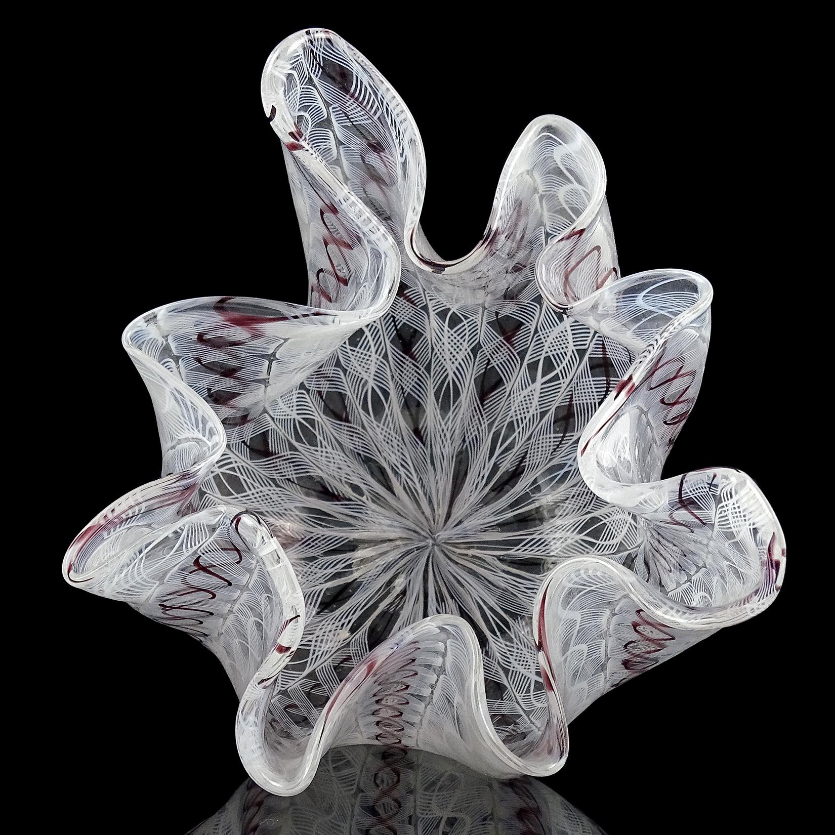 Venini Bianconi Murano White Purple Zanfirico Italian Art Glass Fazzoletto Vase 1