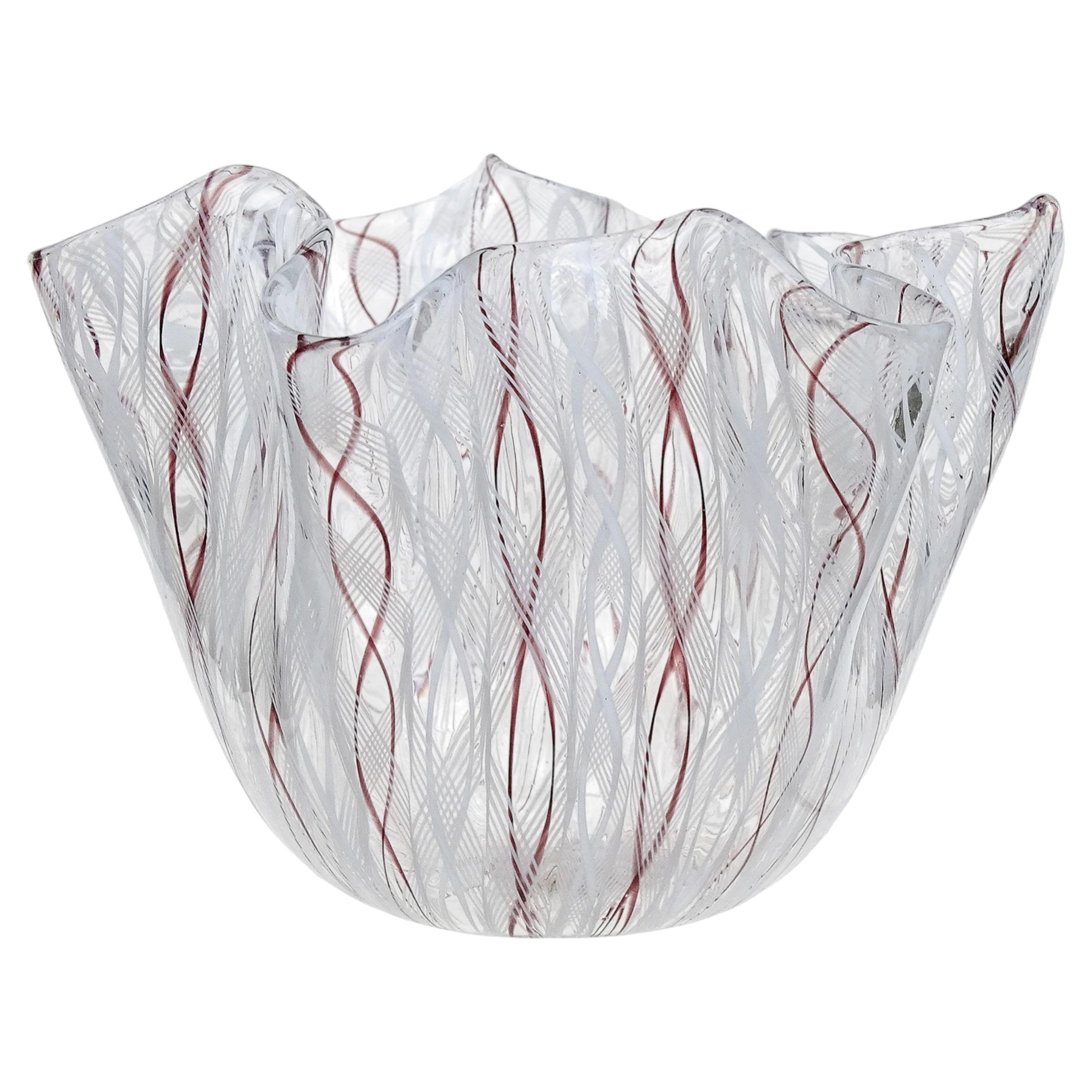 Venini Bianconi Murano White Purple Zanfirico Italian Art Glass Fazzoletto Vase For Sale