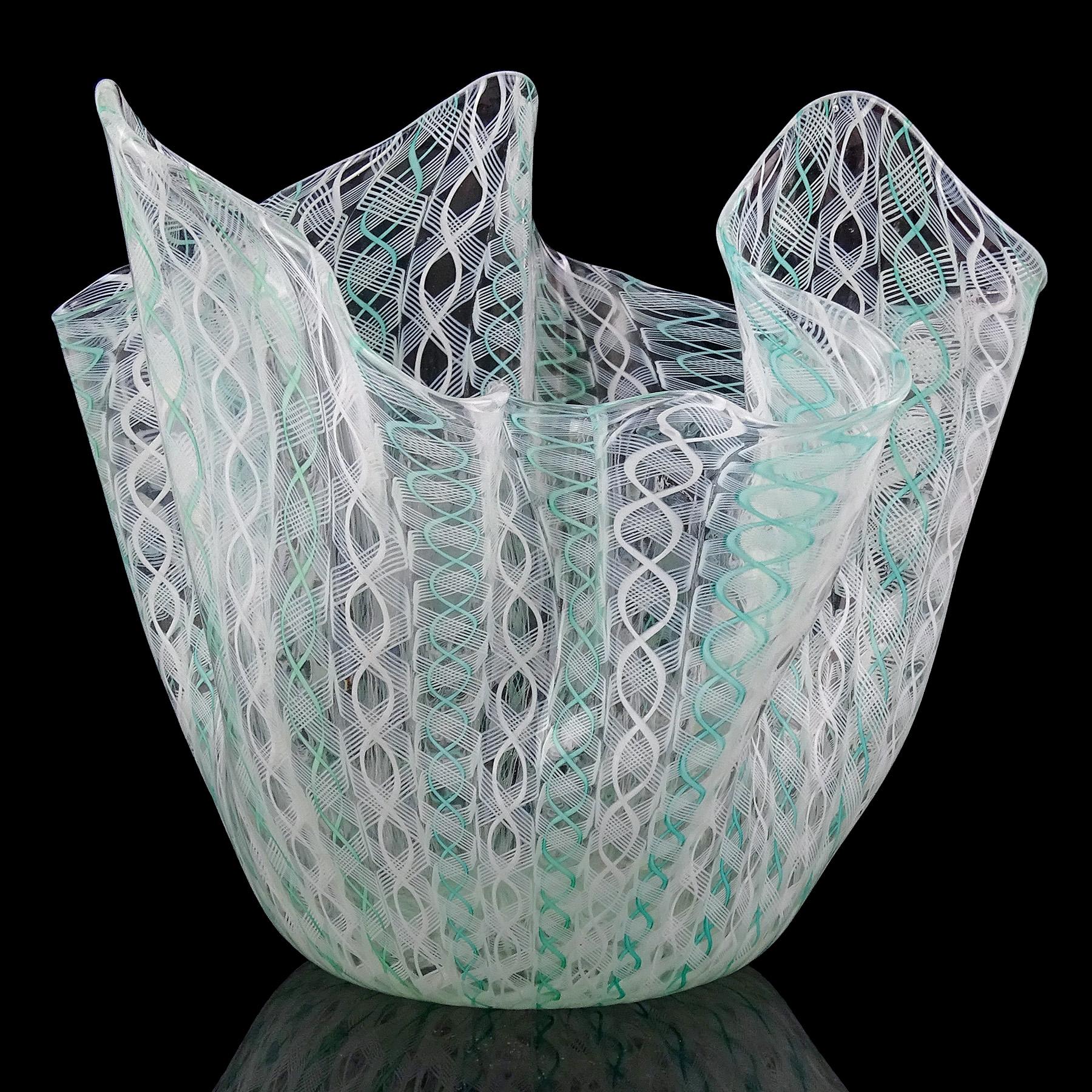 Beautiful vintage Murano hand blown intricate white and light teal green ribbons Italian art glass fazzoletto / handkerchief vase. Documented to designer Fulvio Bianconi, for the Venini company circa 1950s. The vase is signed underneath, but very