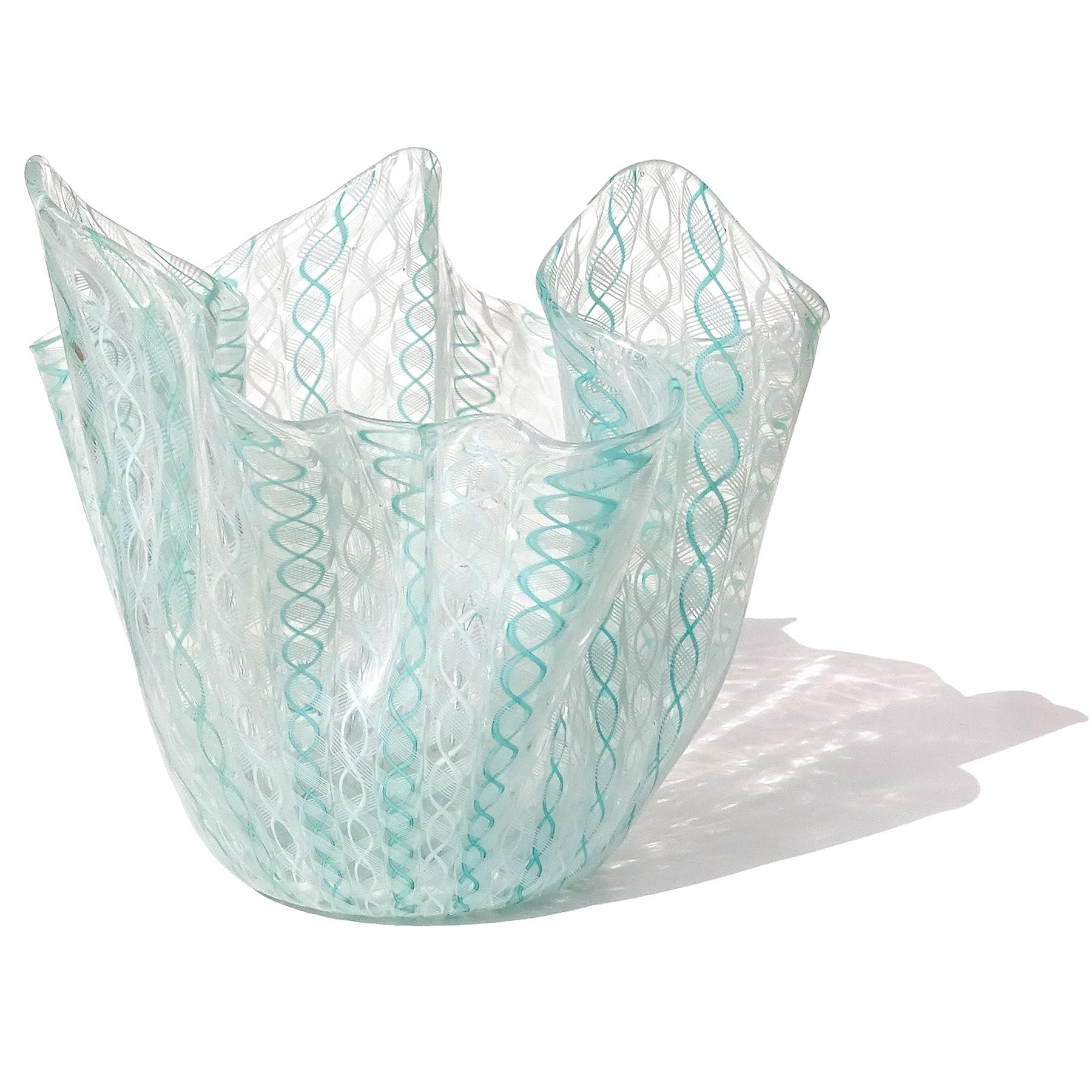 Hand-Crafted Venini Bianconi Murano White Teal Zanfirico Italian Art Glass Fazzoletto Vase For Sale