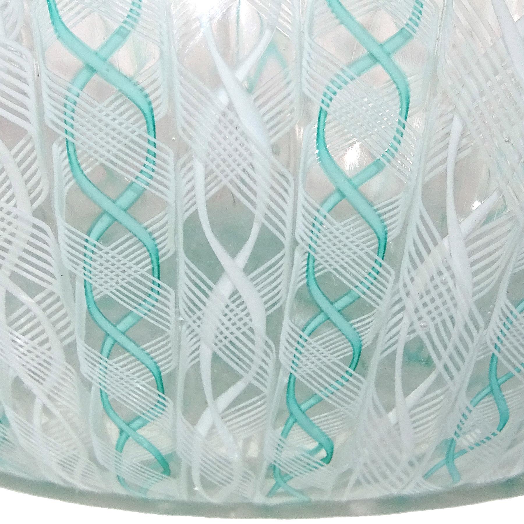 20th Century Venini Bianconi Murano White Teal Zanfirico Italian Art Glass Fazzoletto Vase For Sale