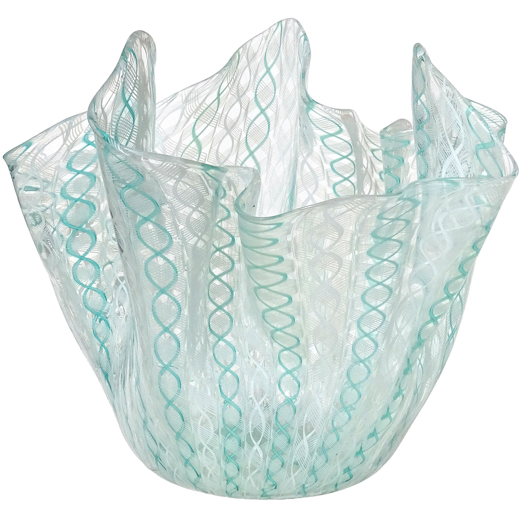 Venini Bianconi Murano Weiß Teal Zanfirico Italienisches Kunstglas Fazzoletto Vase im Angebot