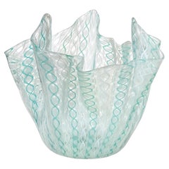 Venini Bianconi Murano White Teal Zanfirico Italian Art Glass Fazzoletto Vase
