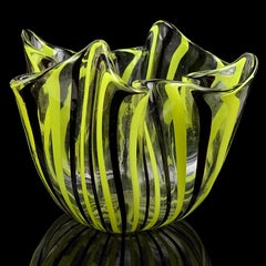 Venini Bianconi Murano Yellow Black Ribbons Italian Art Glass Fazzoletto Vase