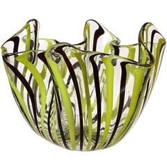 Venini Bianconi Murano Yellow Black Ribbons Italian Art Glass Fazzoletto Vase