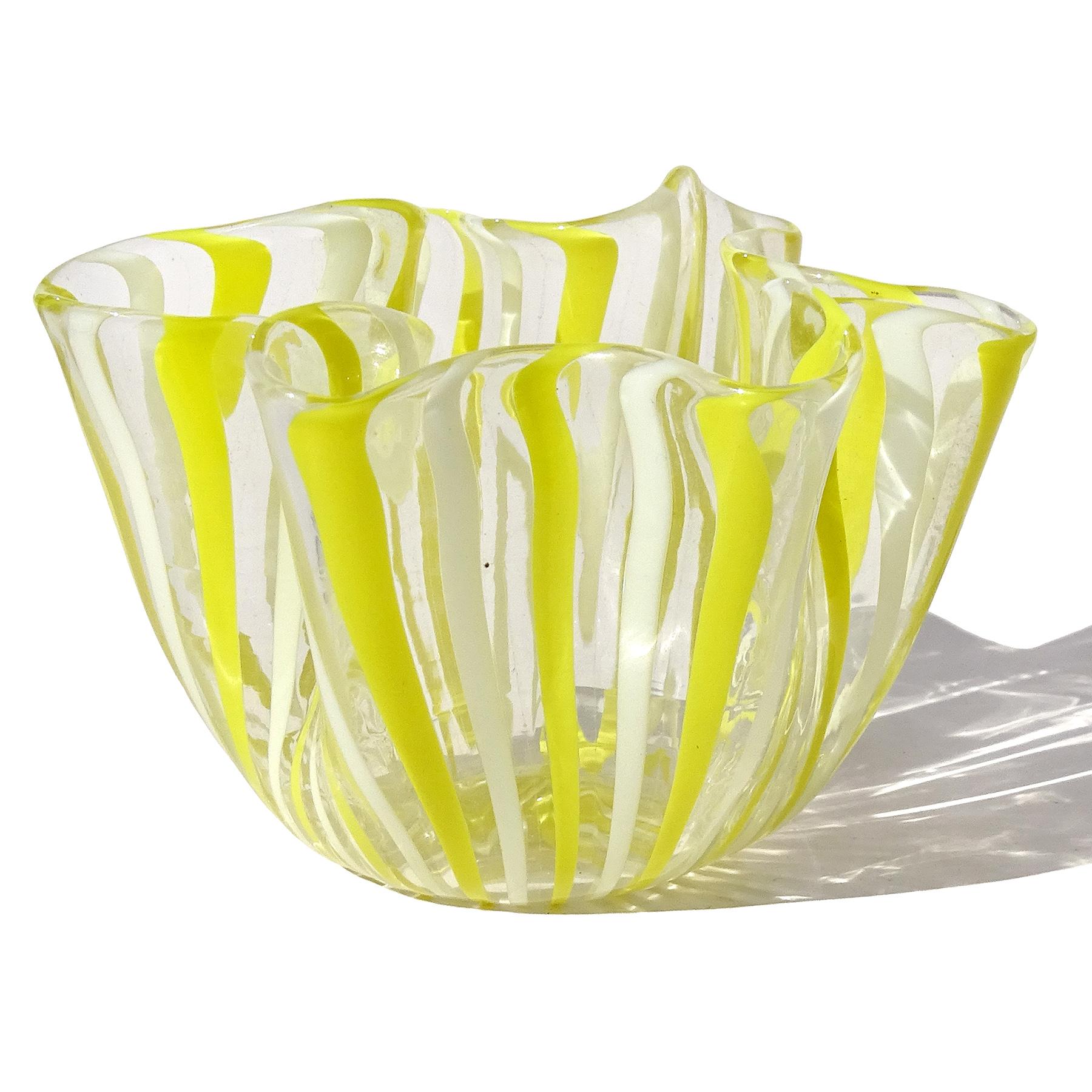 Mid-Century Modern Venini Bianconi Murano Yellow White Ribbons Italian Art Glass Fazzoletto Vase For Sale