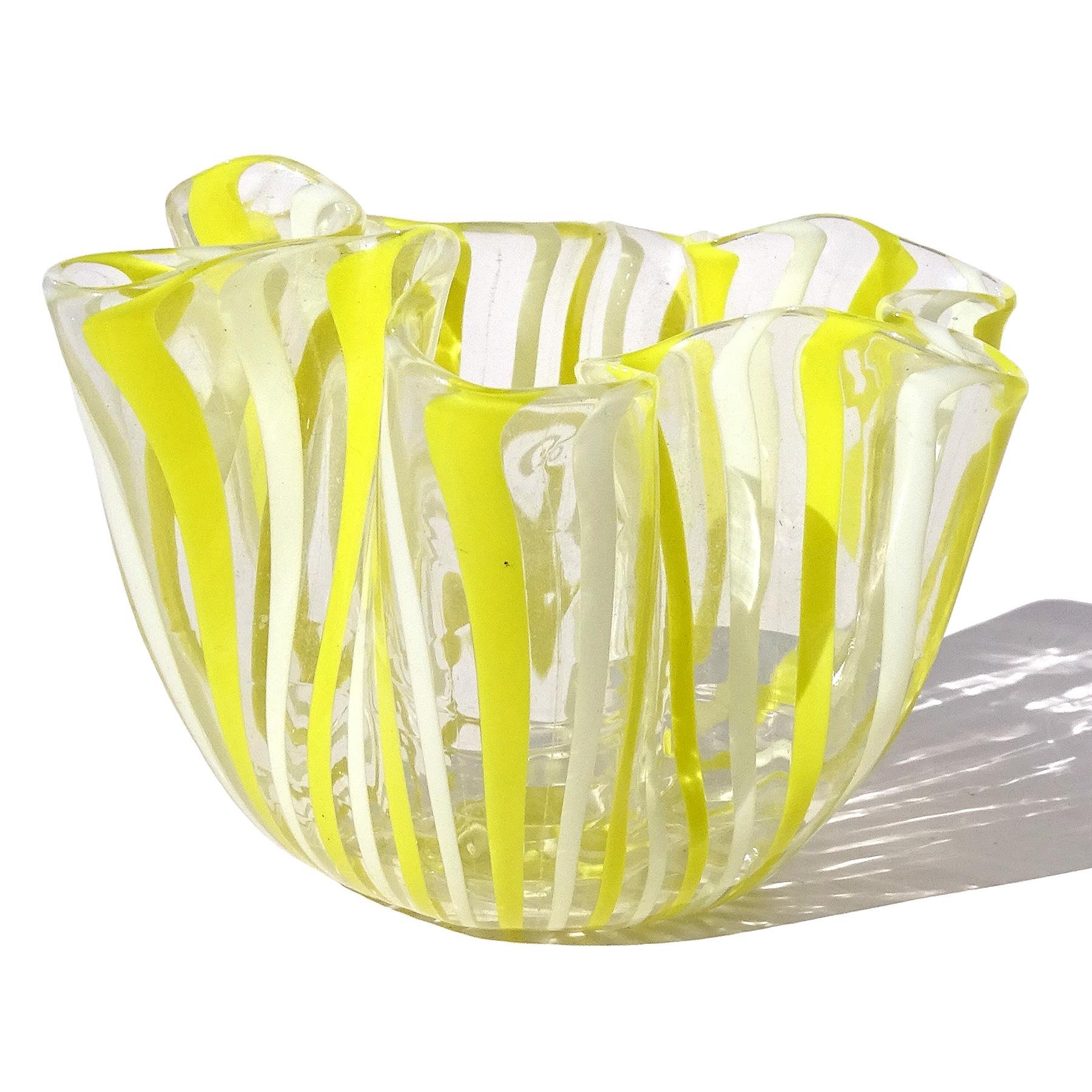 Hand-Crafted Venini Bianconi Murano Yellow White Ribbons Italian Art Glass Fazzoletto Vase For Sale