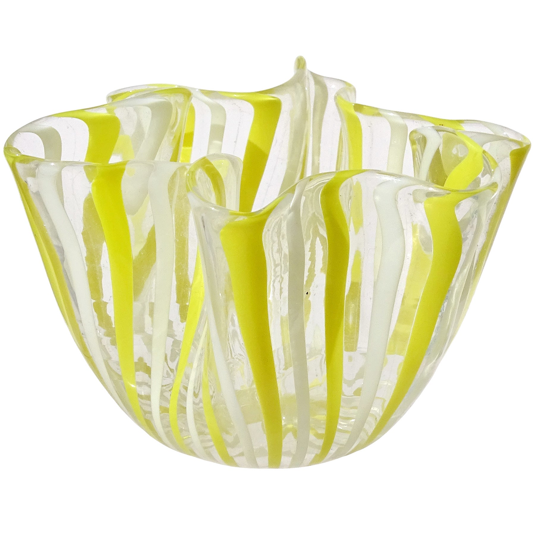 Venini Bianconi Murano Yellow White Ribbons Italian Art Glass Fazzoletto Vase For Sale