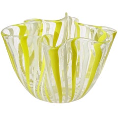 Venini Bianconi Murano Yellow White Ribbons Italian Art Glass Fazzoletto Vase