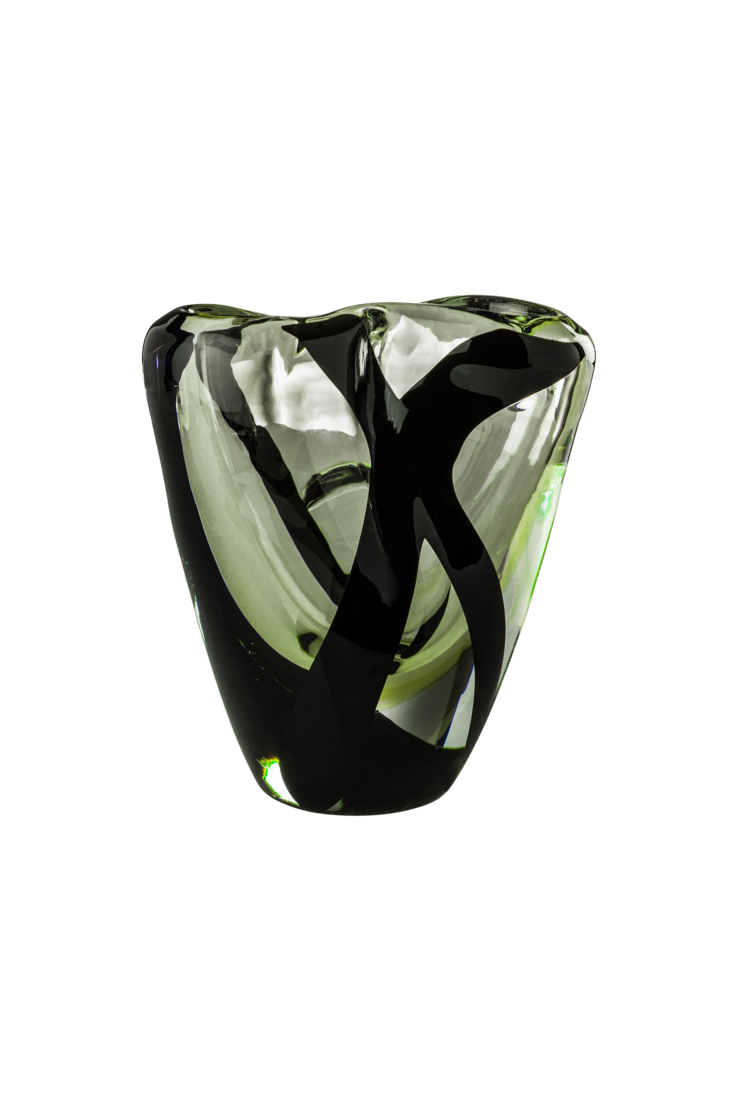 Venini glass vase in crystal and grass green with black decoration designed by Peter Marino in 2017. Perfect for indoor home decor as container or statement piece for any room. Also available in other colors on 1stdibs. Limited edition of only 349
