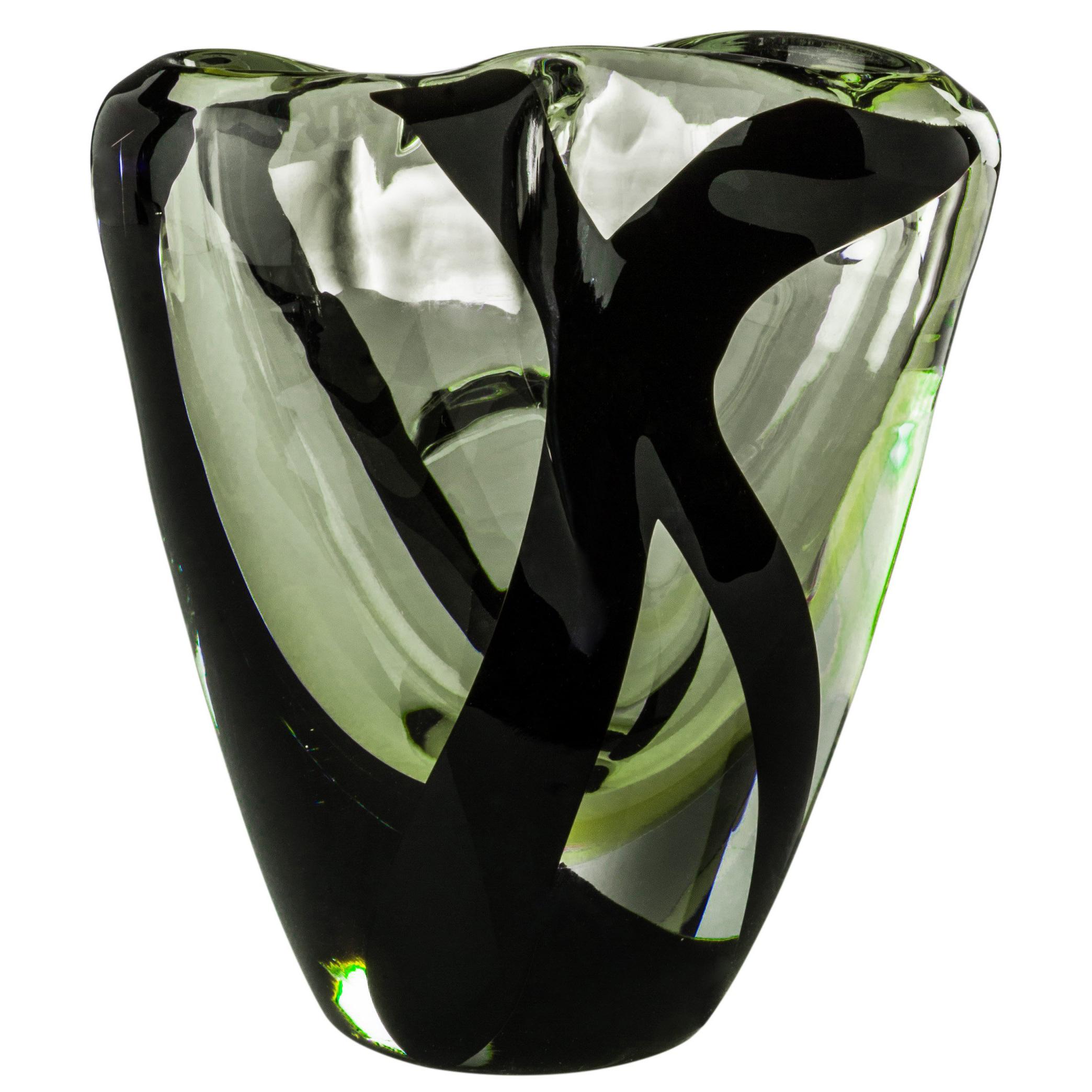 Venini Black Belt Otto Short Glass Vase in Crystal and Green by Peter Marino