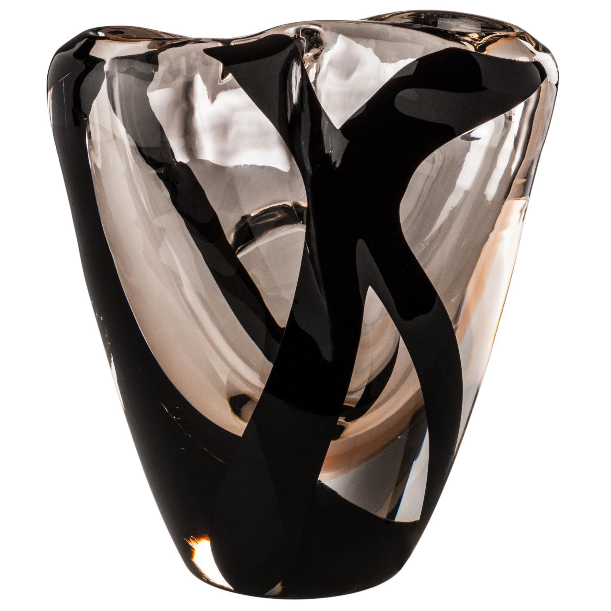 Venini Black Belt Otto Short Glass Vase in Crystal and LightPink by Peter Marino For Sale