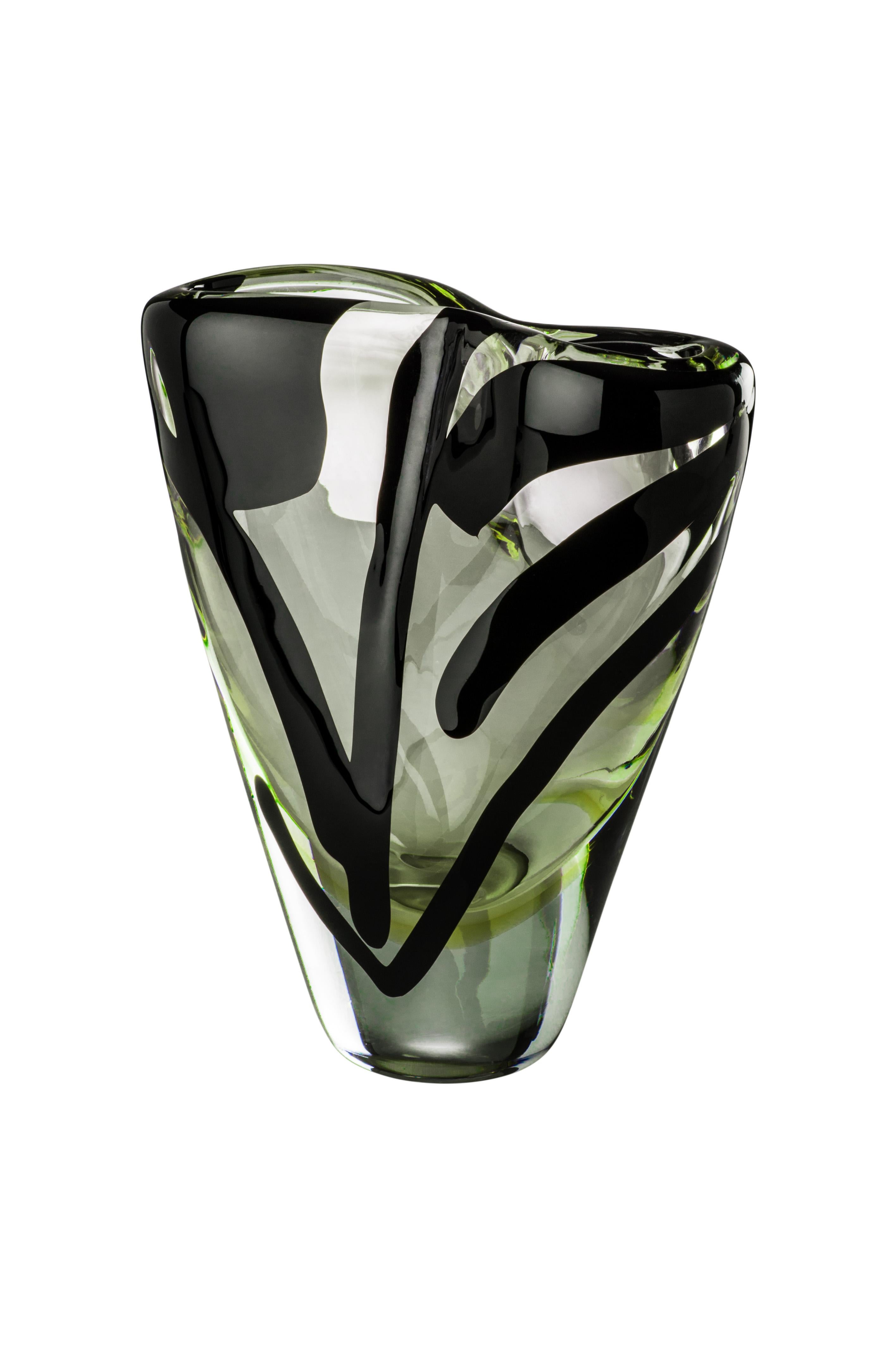 Venini glass vase in crystal and grass green with black decoration designed by Peter Marino in 2017. Perfect for indoor home decor as container or statement piece for any room. Also available in other colors on 1stdibs. Limited edition of only 349