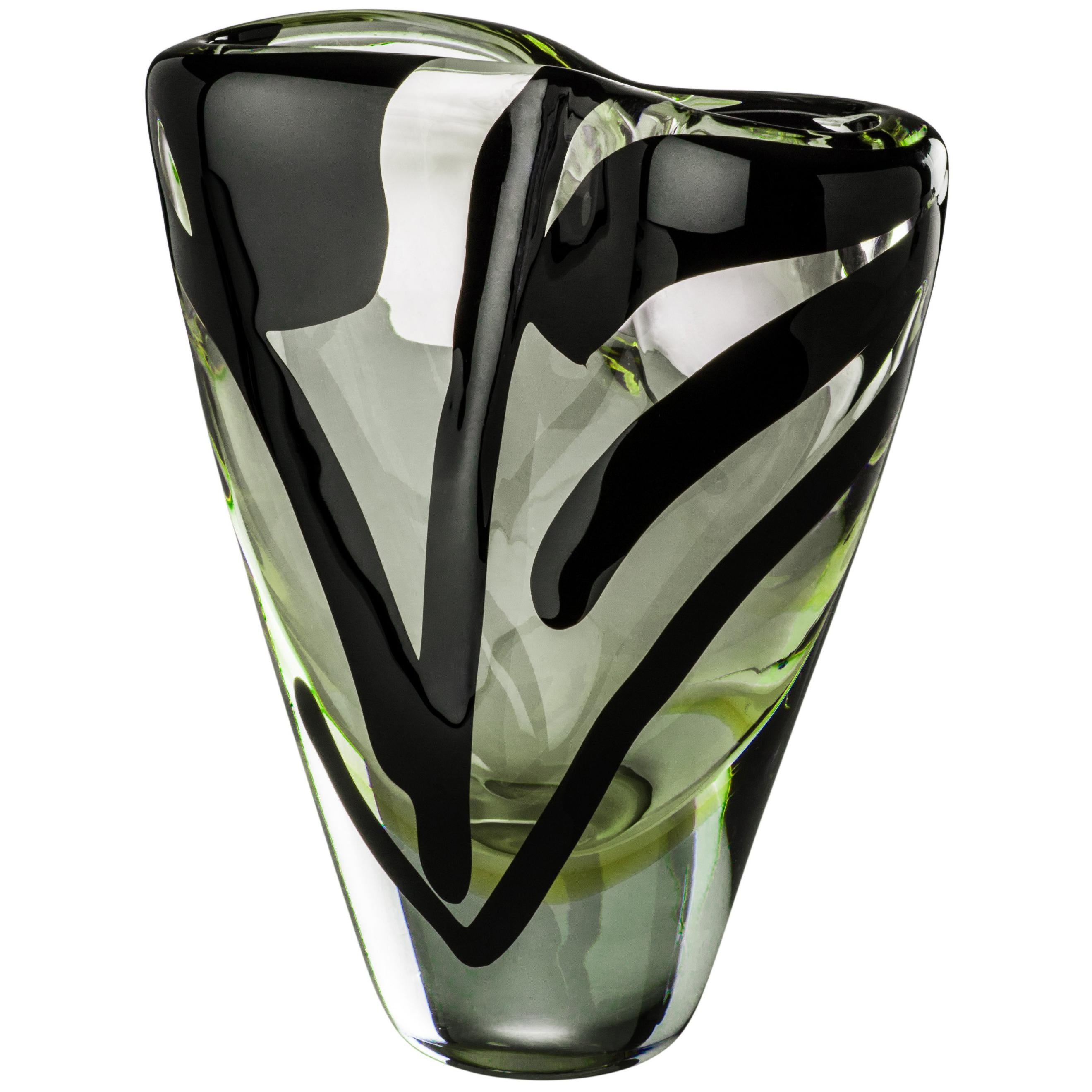 Venini Black Belt Otto Tall Glass Vase in Crystal and Green by Peter Marino For Sale