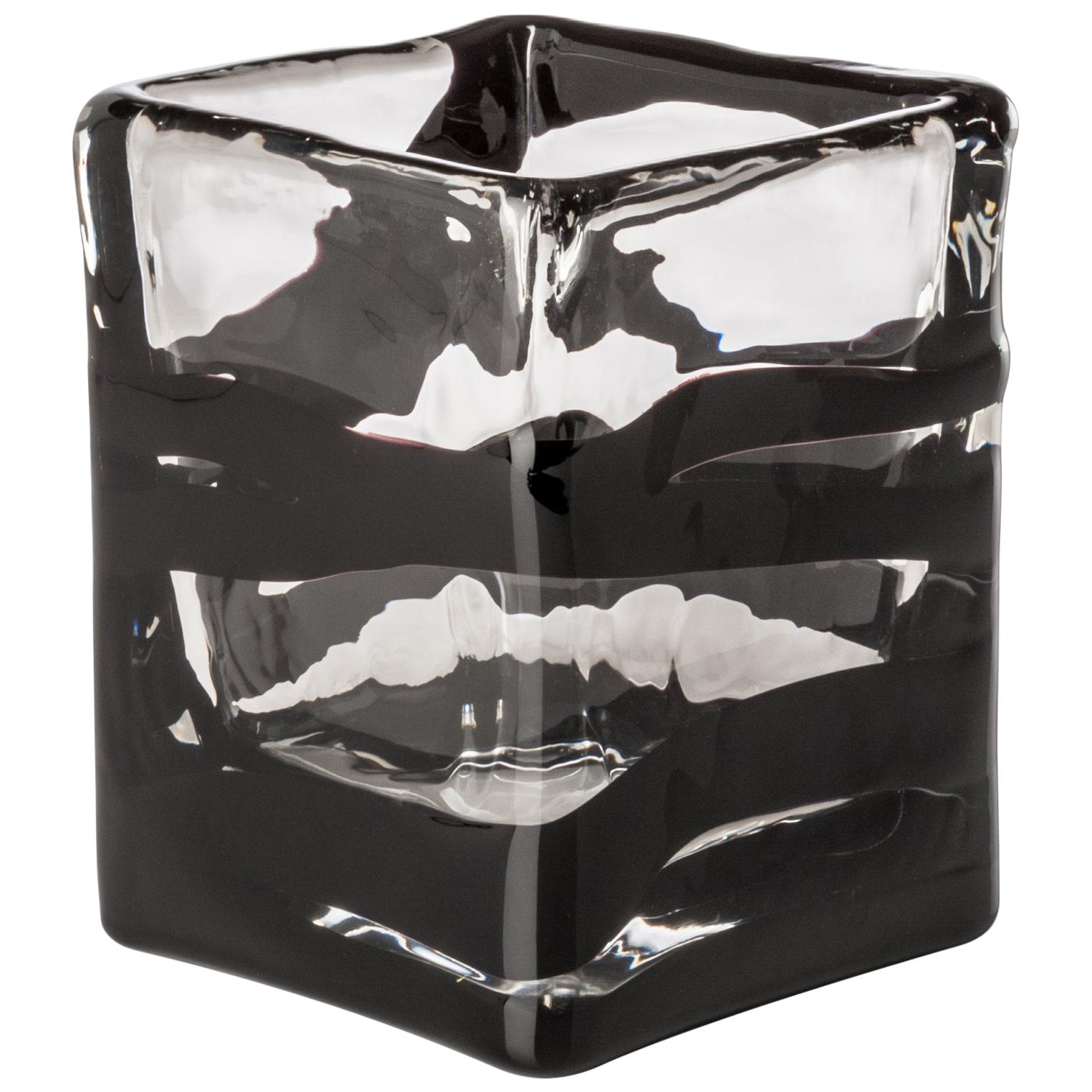 Venini Black Belt Square Glass Vase in Crystal and Black by Peter Marino
