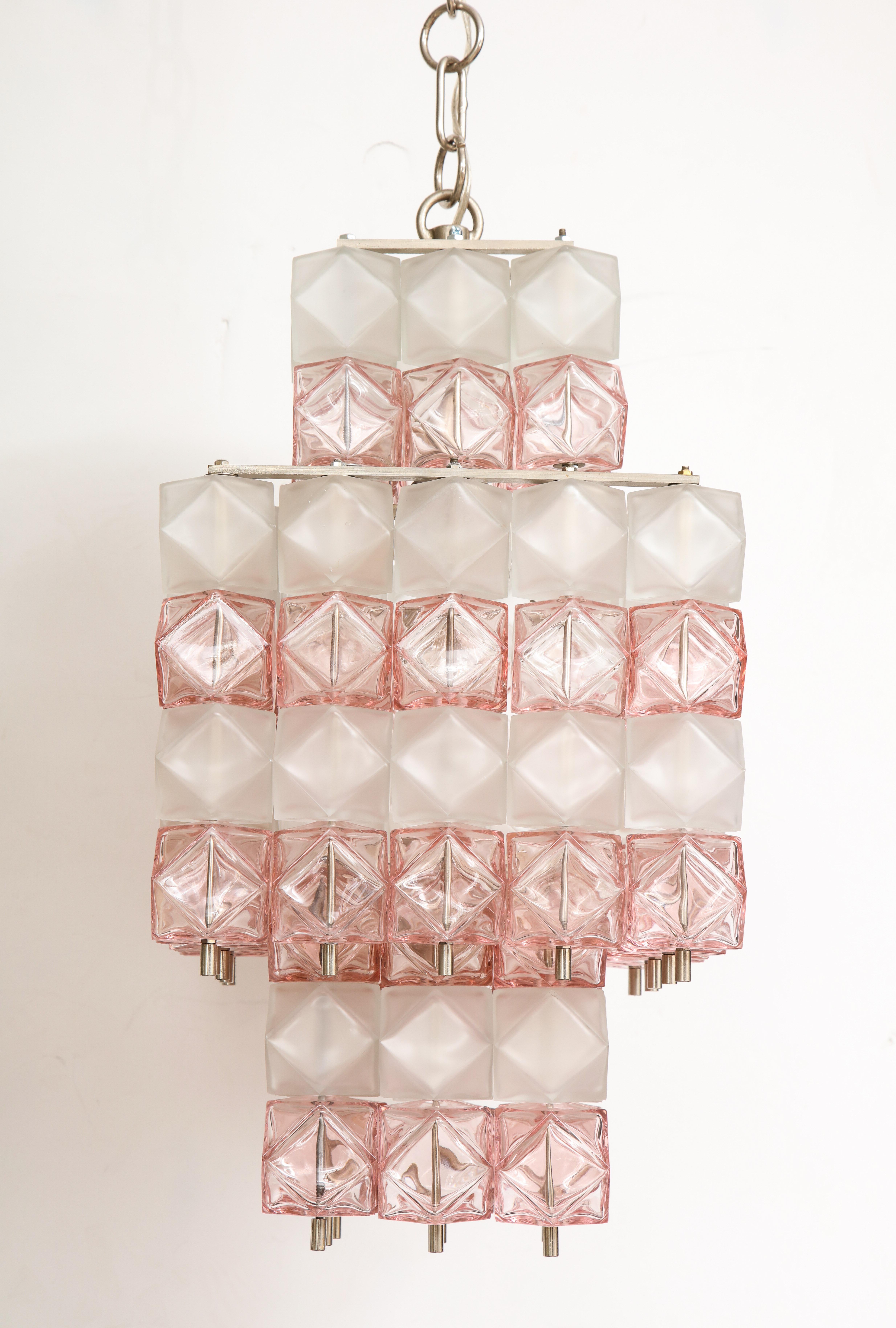 Venini Blush Pink, White Murano Glass Polyhedral Chandelier 2