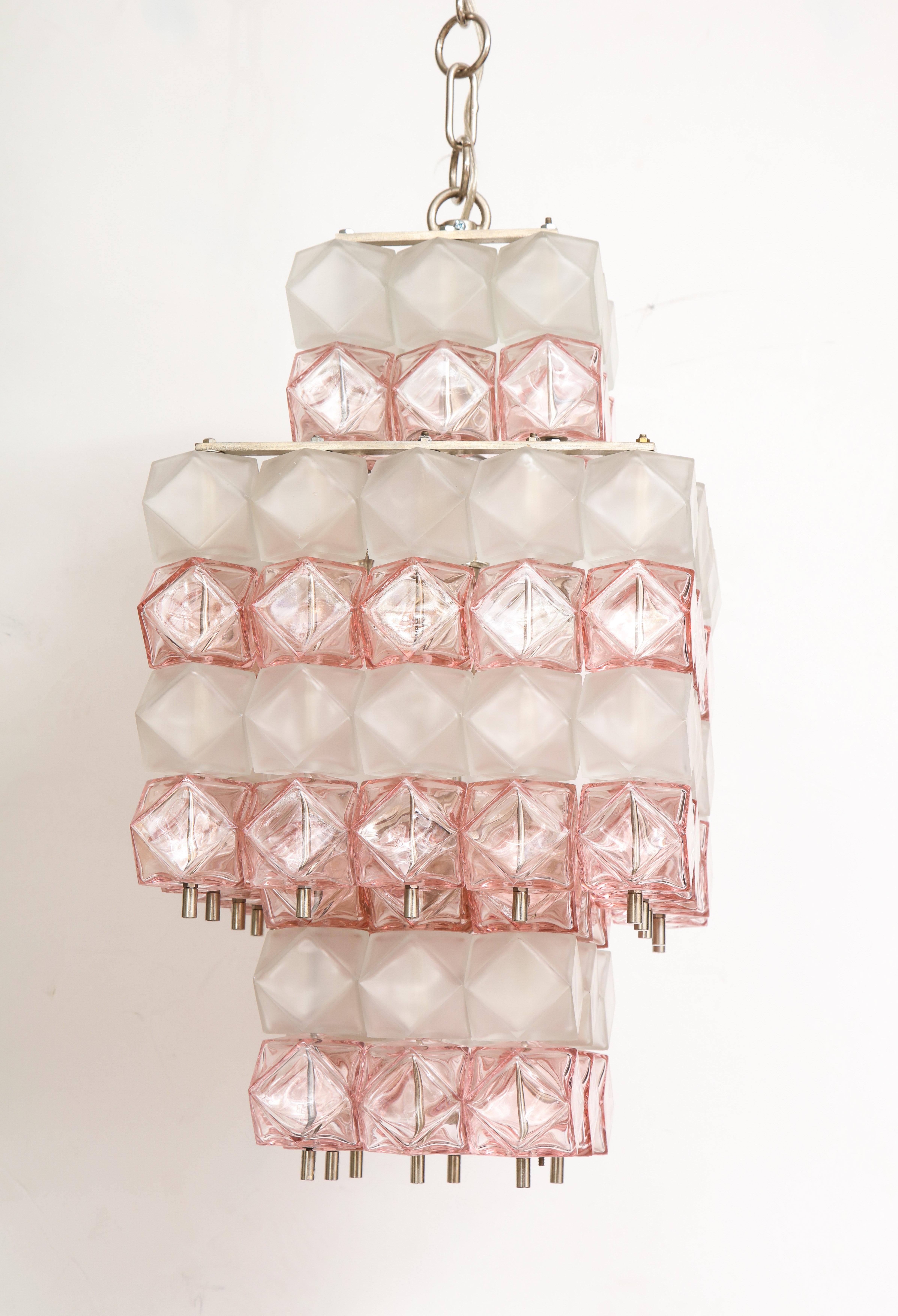 Venini Blush Pink, White Murano Glass Polyhedral Chandelier 4