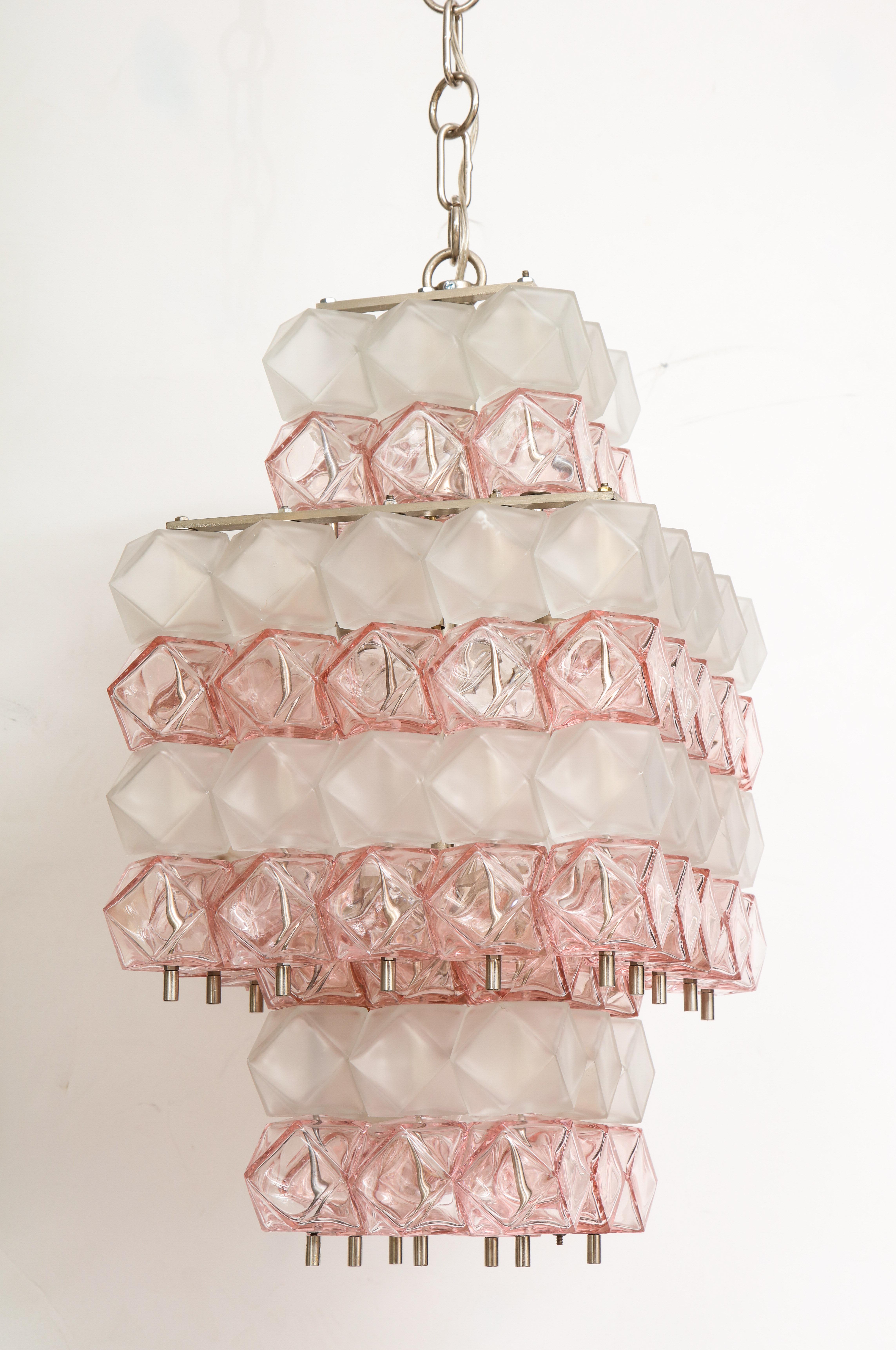 Italian Venini Blush Pink, White Murano Glass Polyhedral Chandelier