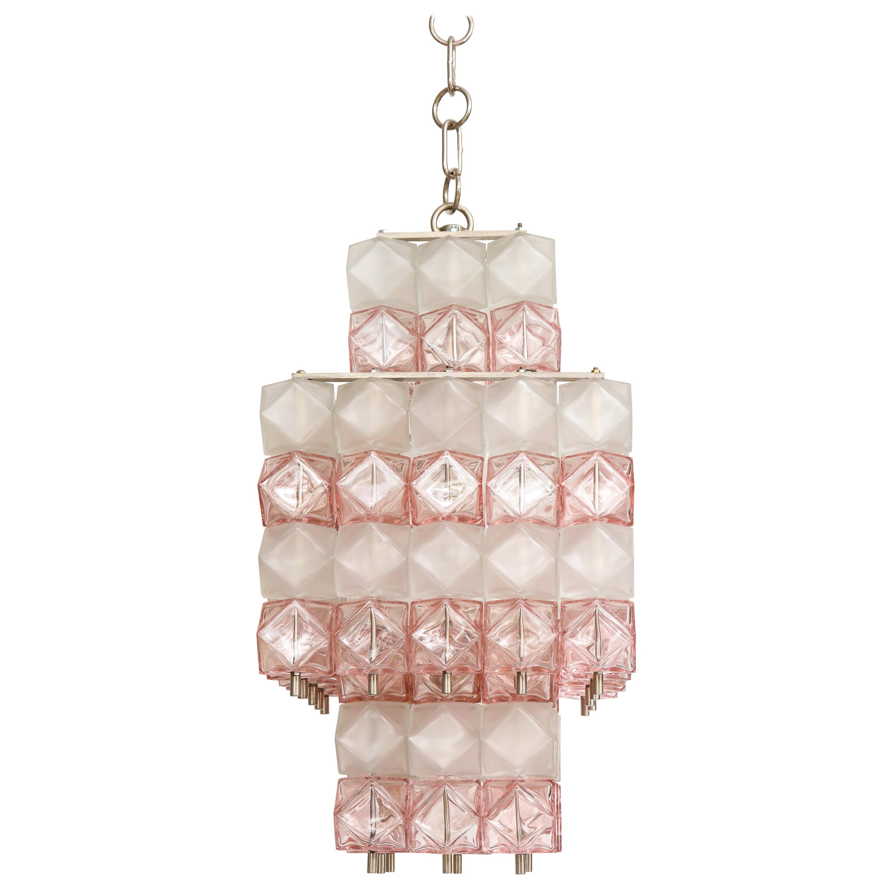 Venini Blush Pink, White Murano Glass Polyhedral Chandelier