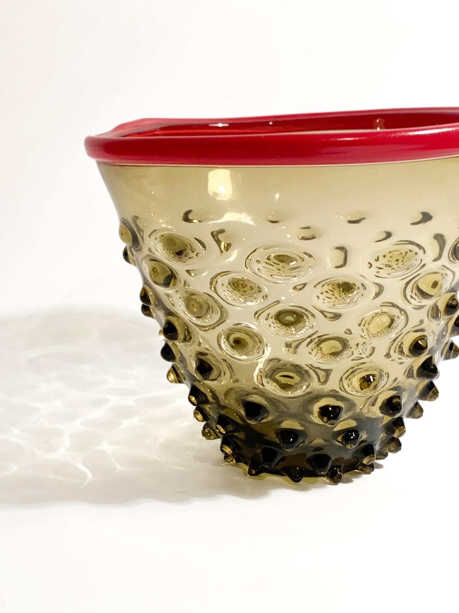 Contemporary Venini Bubble Murano Glass Vase with Red Top from 2014