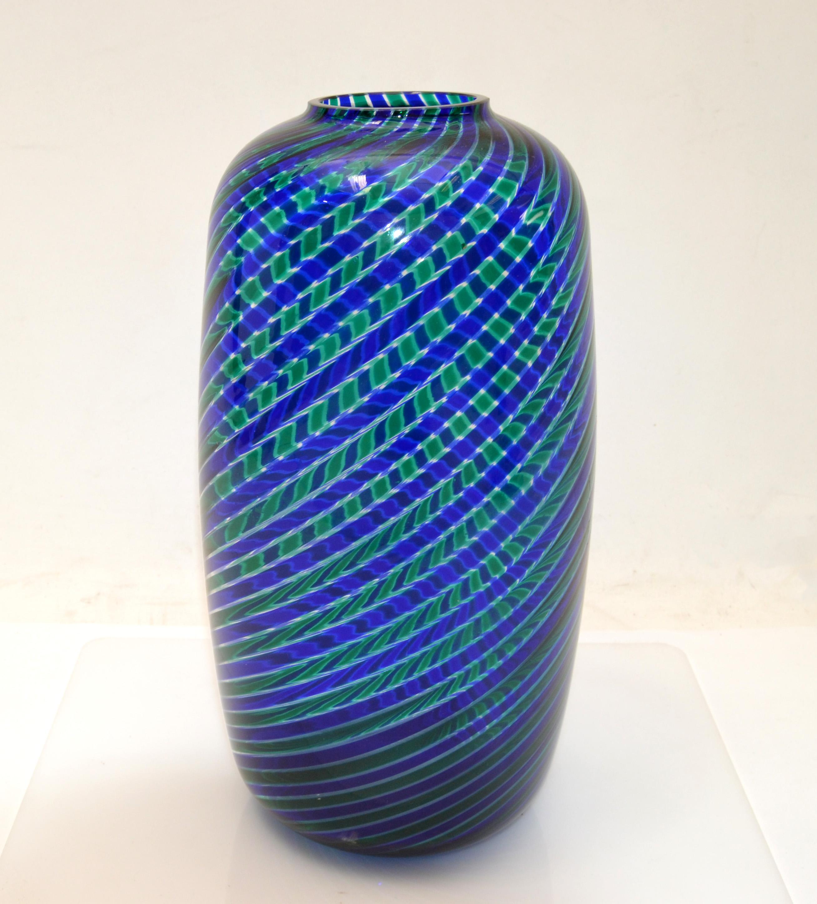Venini Bulgarov 1970 engraved blown blue & green striped Murano art glass vase. 
Opening measures: 2 inches diameter.
Italian Art Glass par excellence.