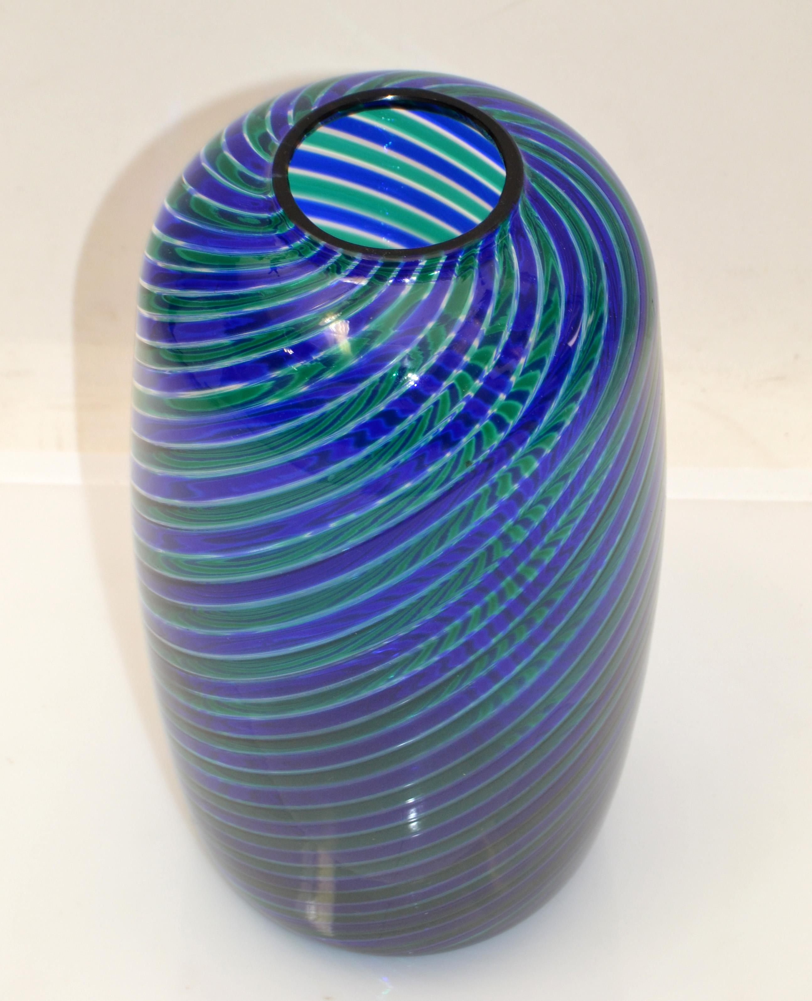 Mid-Century Modern Venini Bulgarov 1970 Blue & Green Color Striped Blown Murano Glass Vase, Italy For Sale