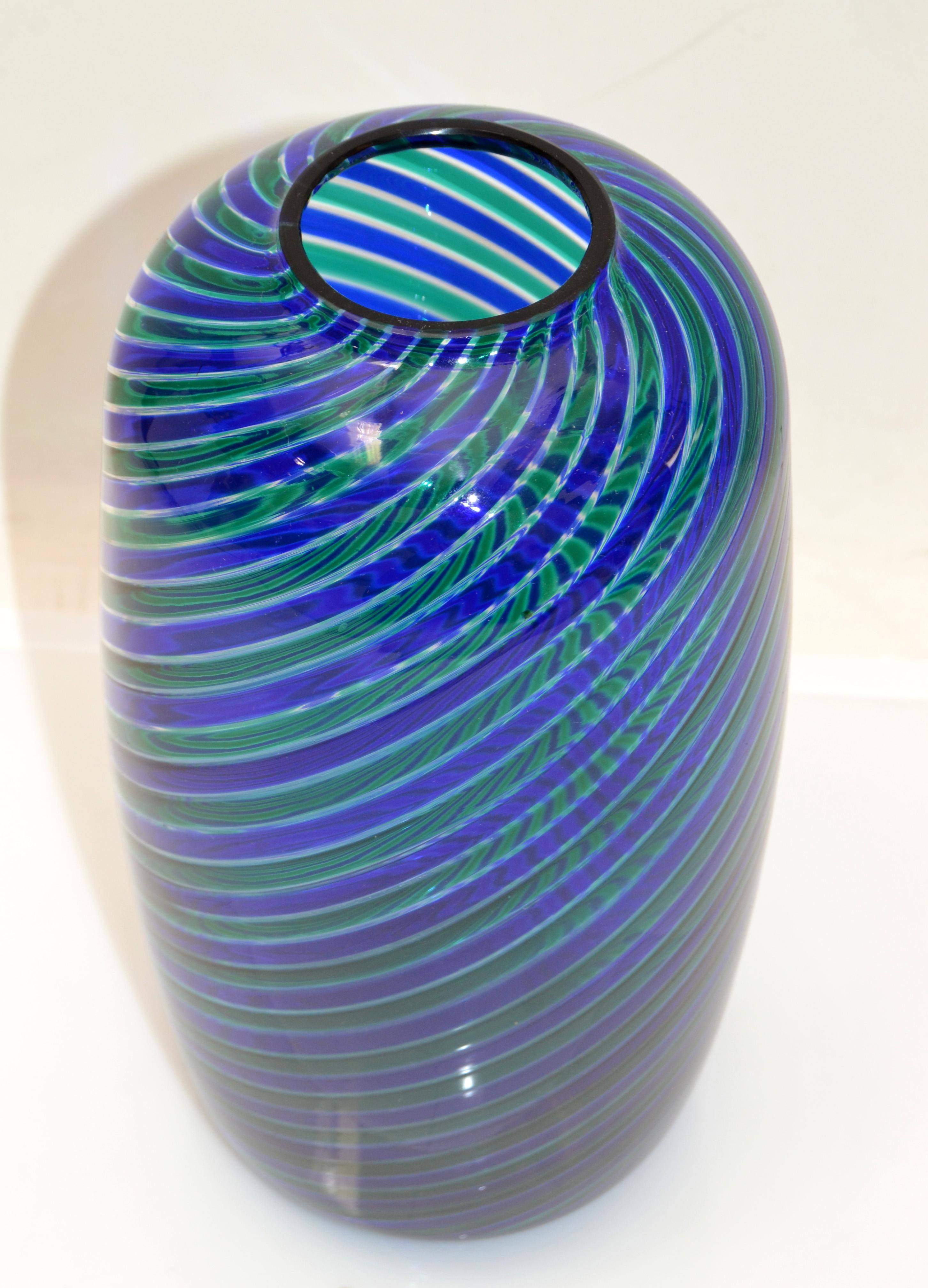 Italian Venini Bulgarov 1970 Blue & Green Color Striped Blown Murano Glass Vase, Italy For Sale