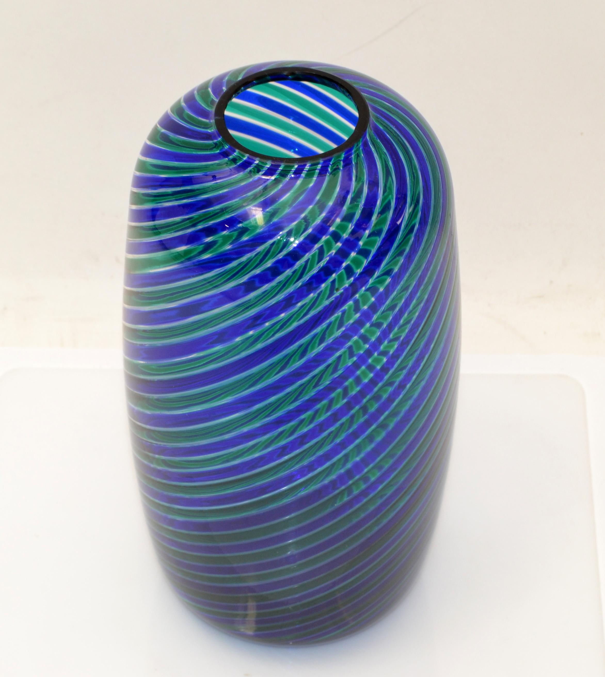 Hand-Crafted Venini Bulgarov 1970 Blue & Green Color Striped Blown Murano Glass Vase, Italy For Sale