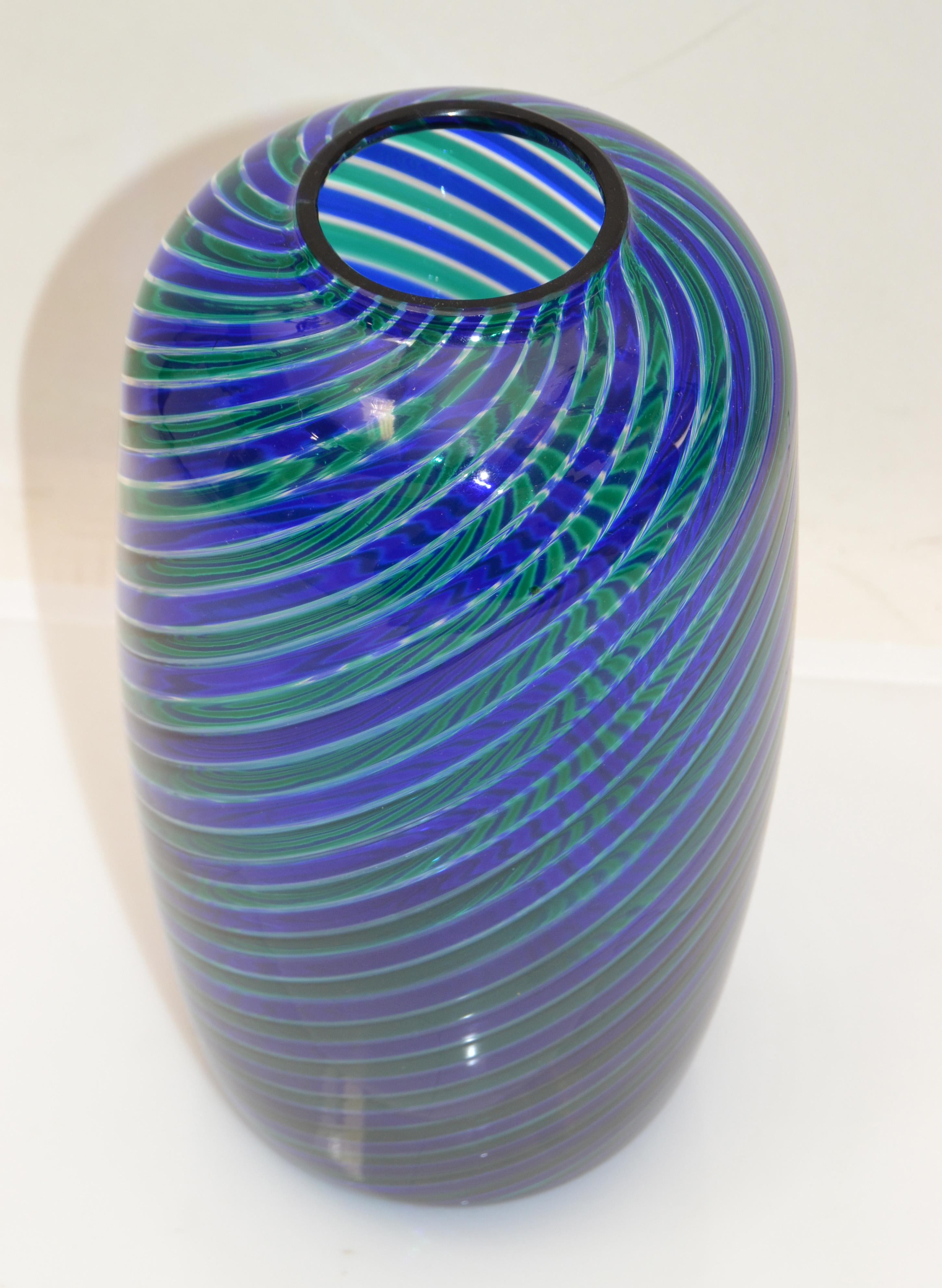 Late 20th Century Venini Bulgarov 1970 Blue & Green Color Striped Blown Murano Glass Vase, Italy For Sale