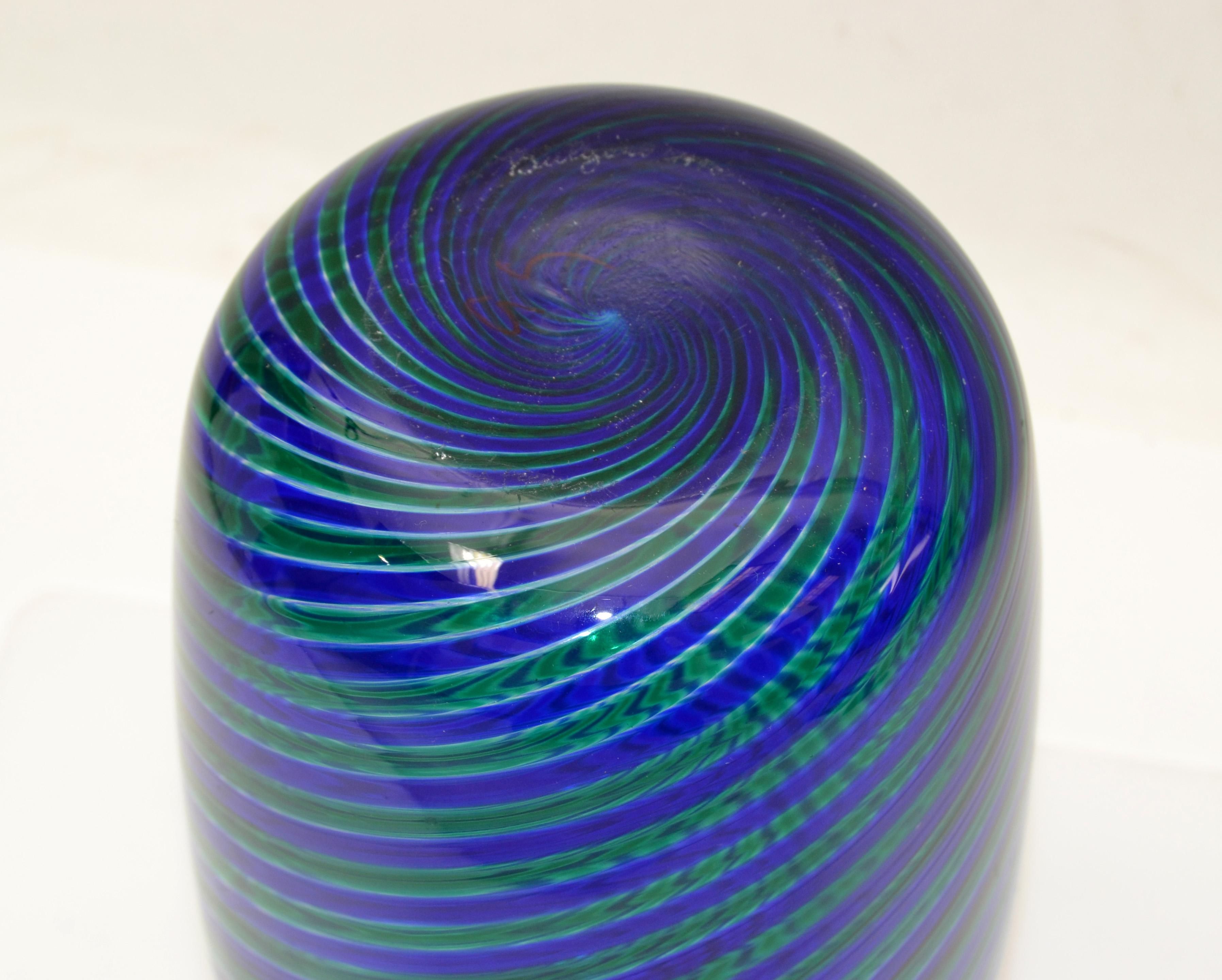 Venini Bulgarov 1970 Blue & Green Color Striped Blown Murano Glass Vase, Italy For Sale 1